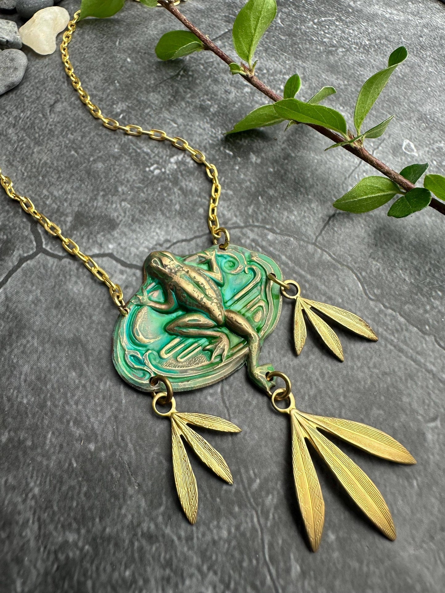 Frog Necklace, Verdigris Brass Pendant, Nature Botanical Sta