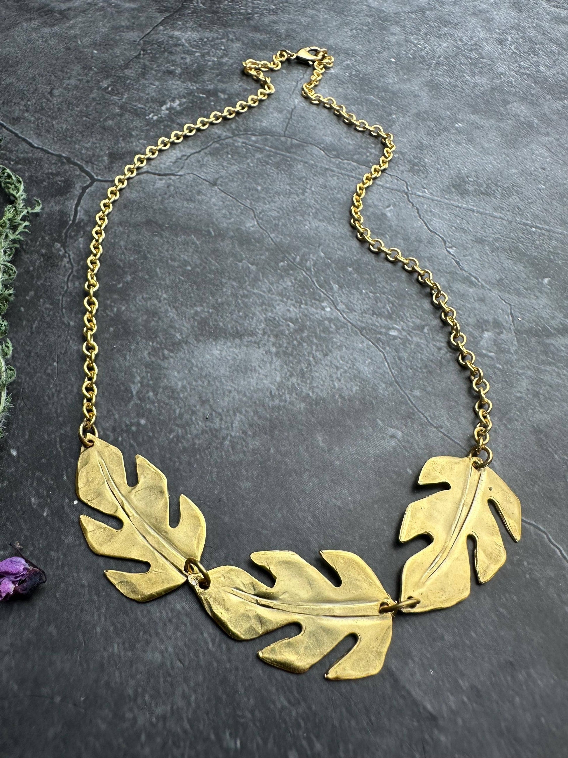 Monstera Leaf Necklace, Botanical Statement , Brass Nature C