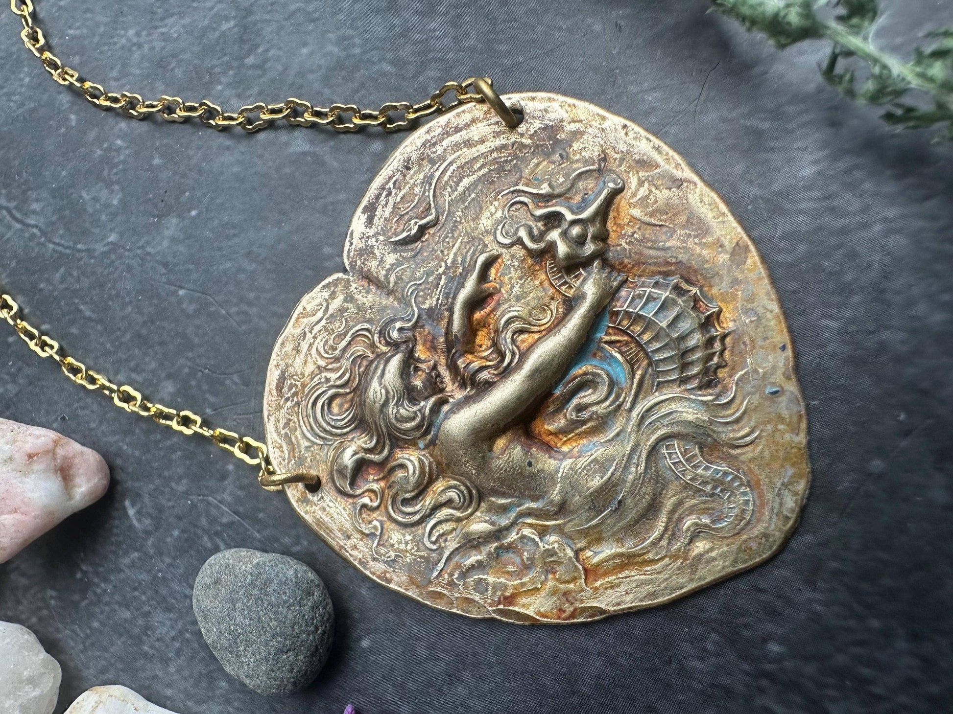 Art Nouveau Mermaid Necklace, Patina Brass Pendant, Ocean In