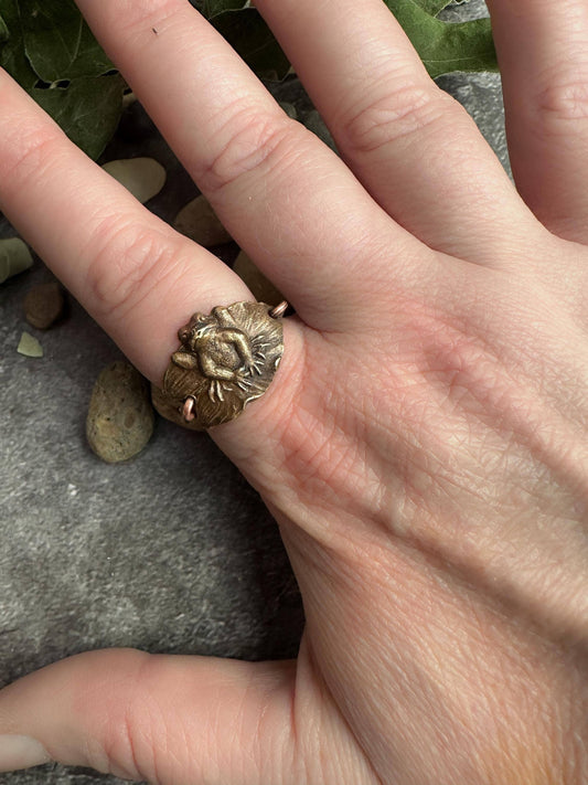 Frog on Lily Pad Ring - Hand Formed Copper & Brass
