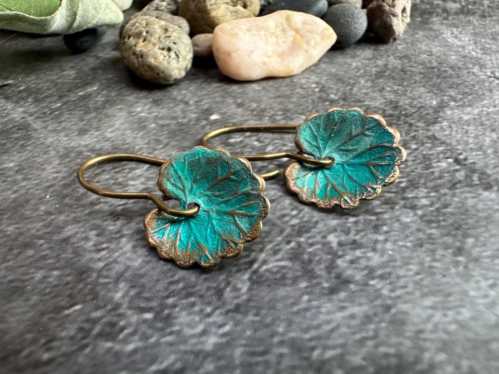 Lily Pad Leaf Earrings - Brass with Tiffany Green Patina