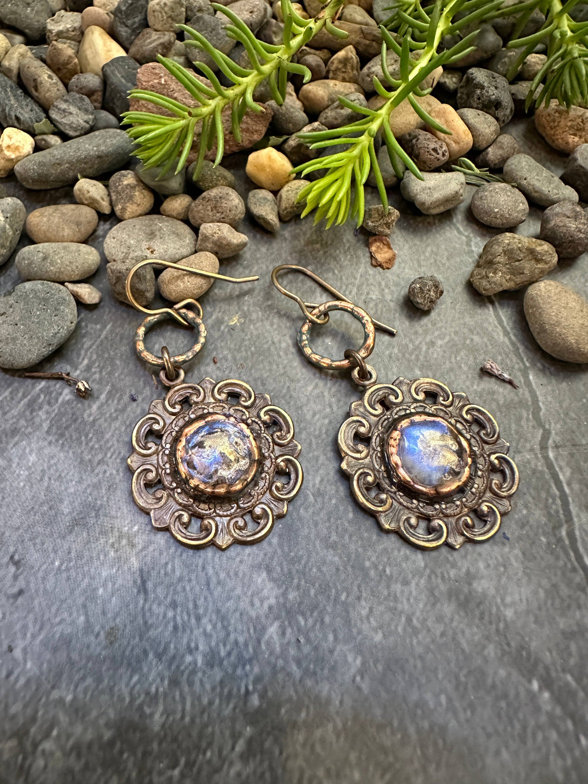Dewdrop Garden Earrings- Handmade Brass Iridescent Patina