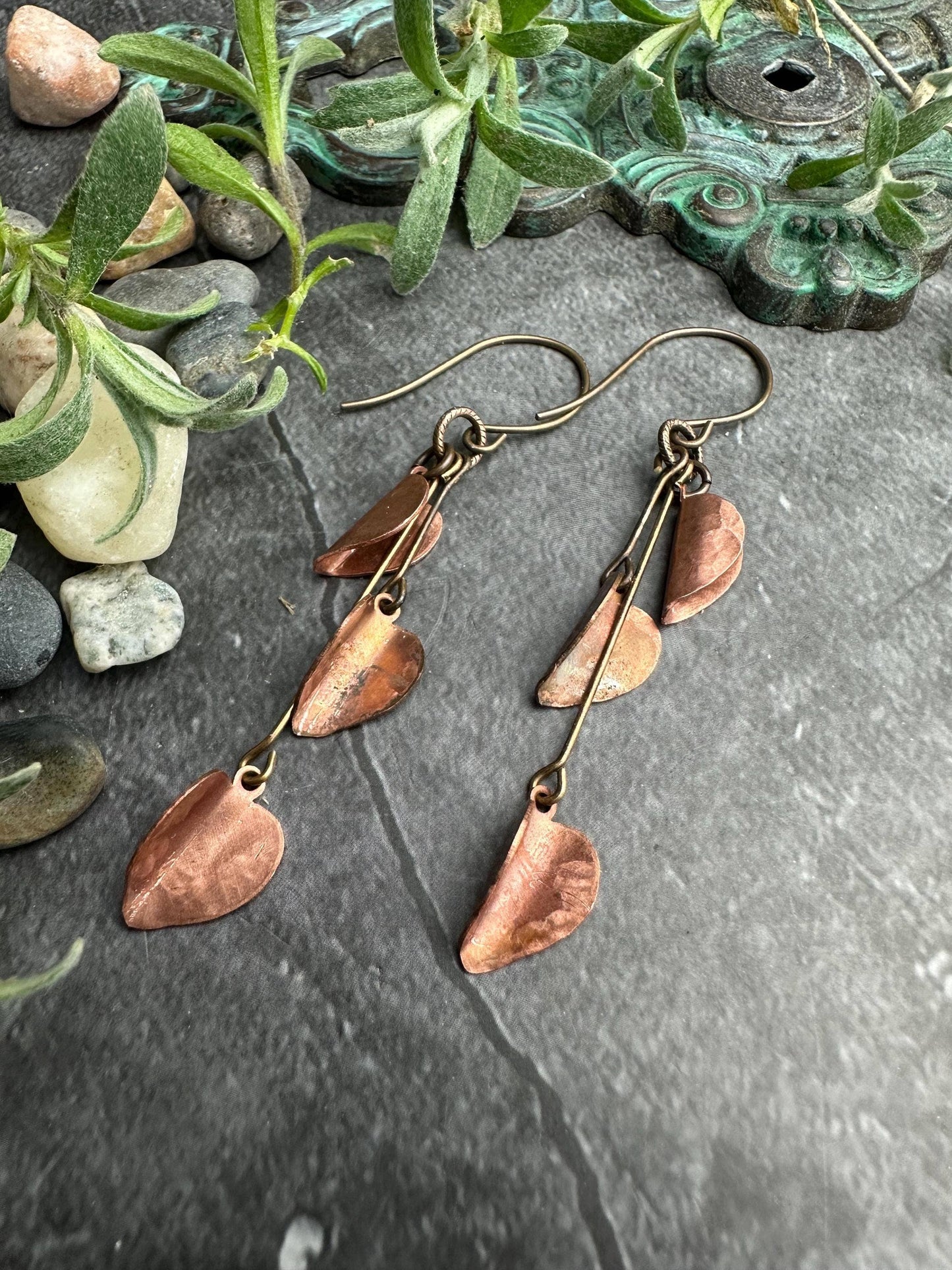Copper Leaf Cascade Earrings - Rustic Copper Dangles