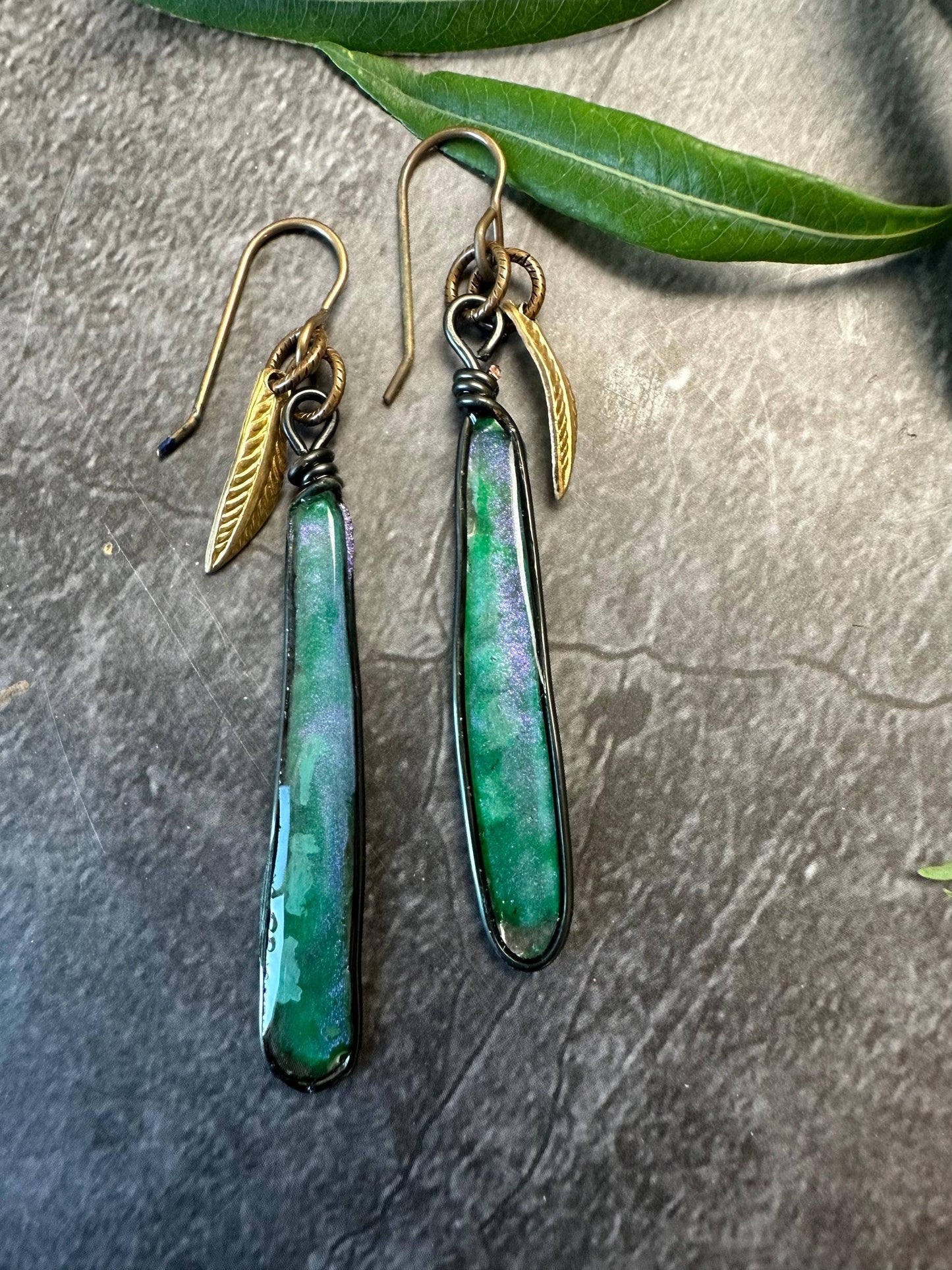 Iridescent Dragonfly Pool Earrings - Resin & Brass Leaves