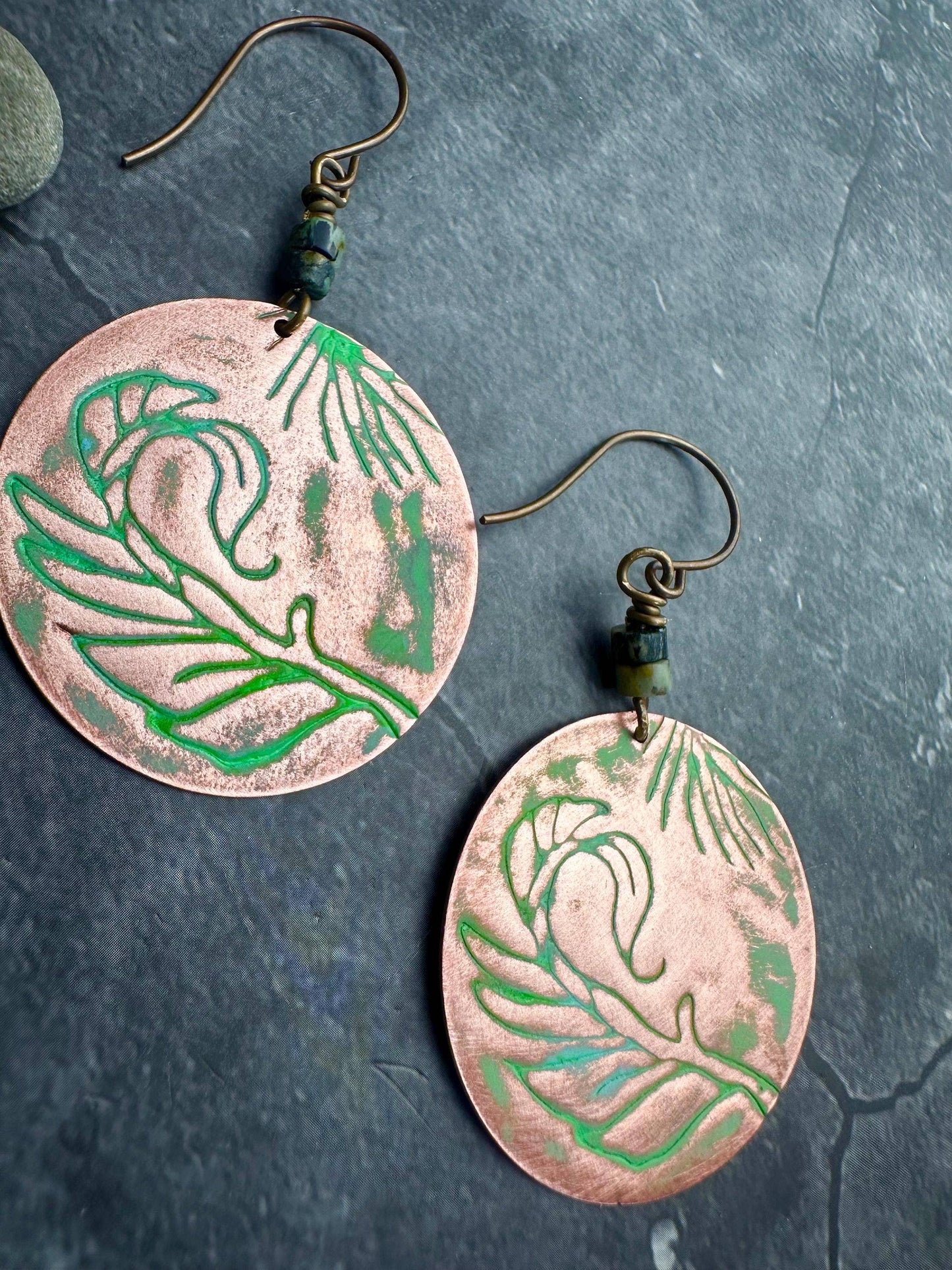 Copper Circle Feather Earrings with African Turquoise
