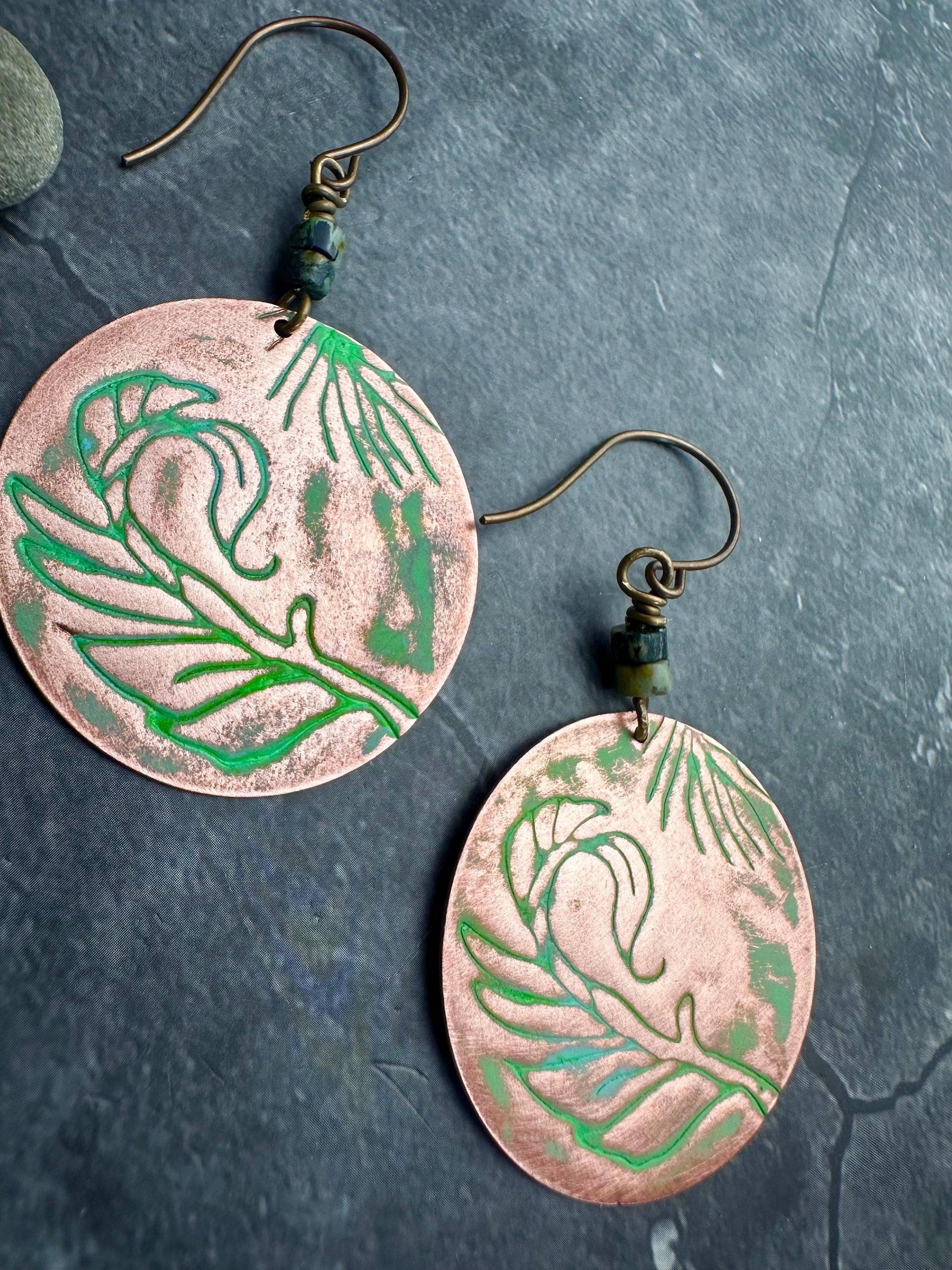 Copper Circle Feather Earrings with African Turquoise
