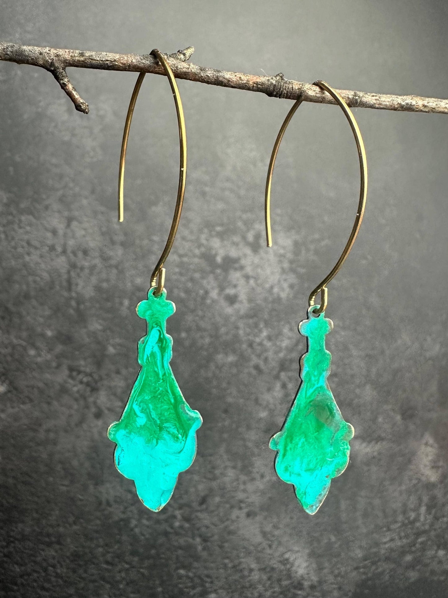 Rustic Silhouette Drop Earrings - Beaten Brass Green Patina