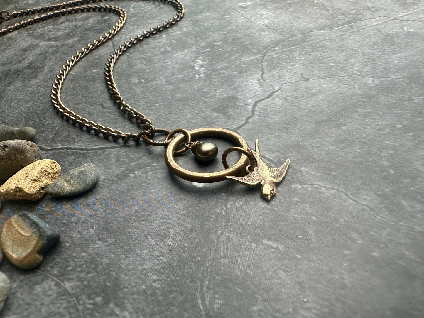 Enchanted Sparrow Pearl Necklace - Hammered Brass and Pearl