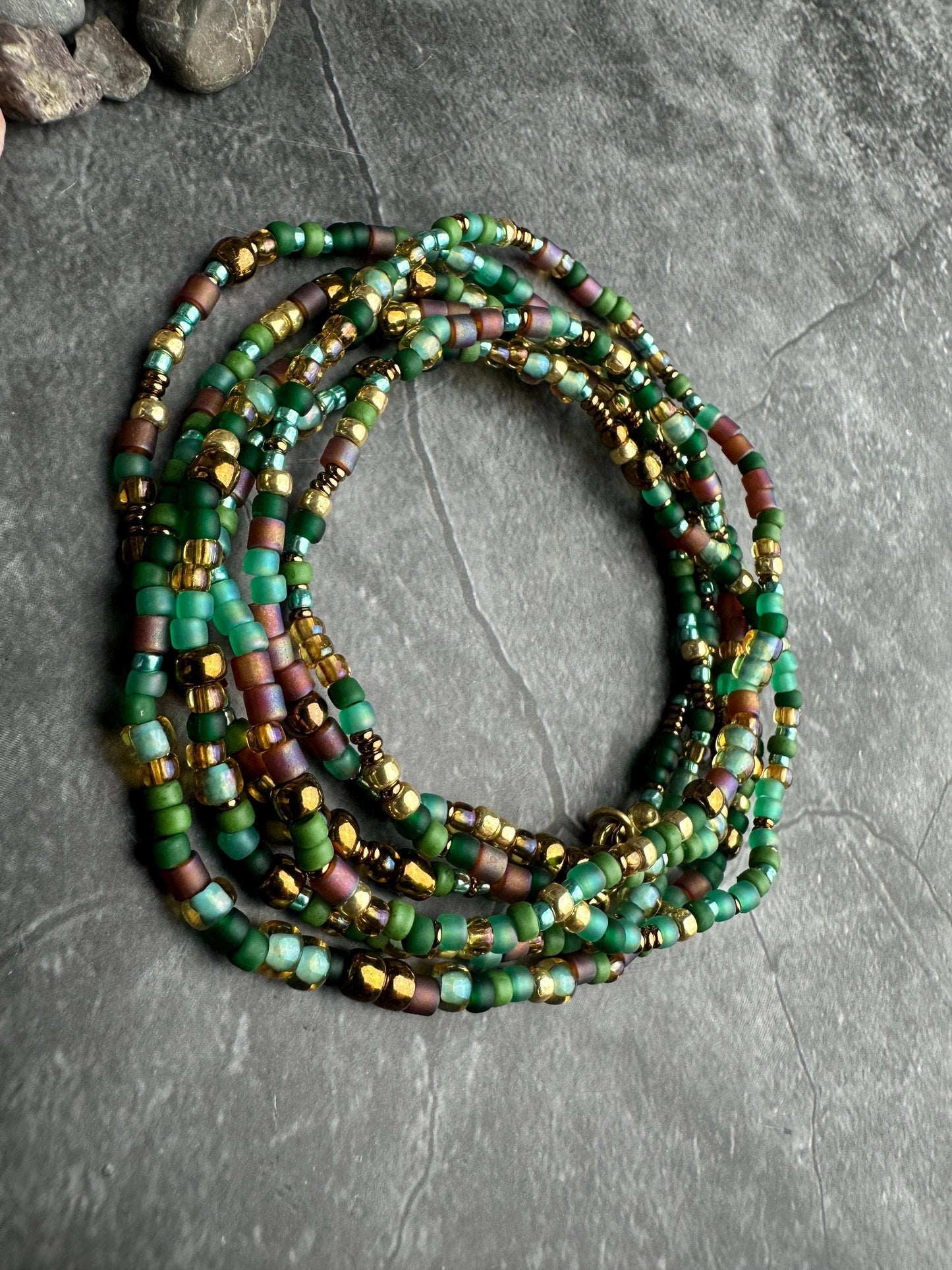 Seed Bead Wrap Bracelet - Green Brown Layering Bracelet