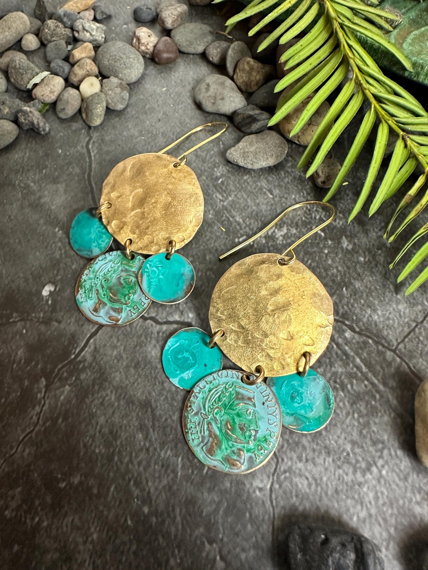 Hammered Coin Earrings- Handmade Solid Beaten Brass Green Blue Patina