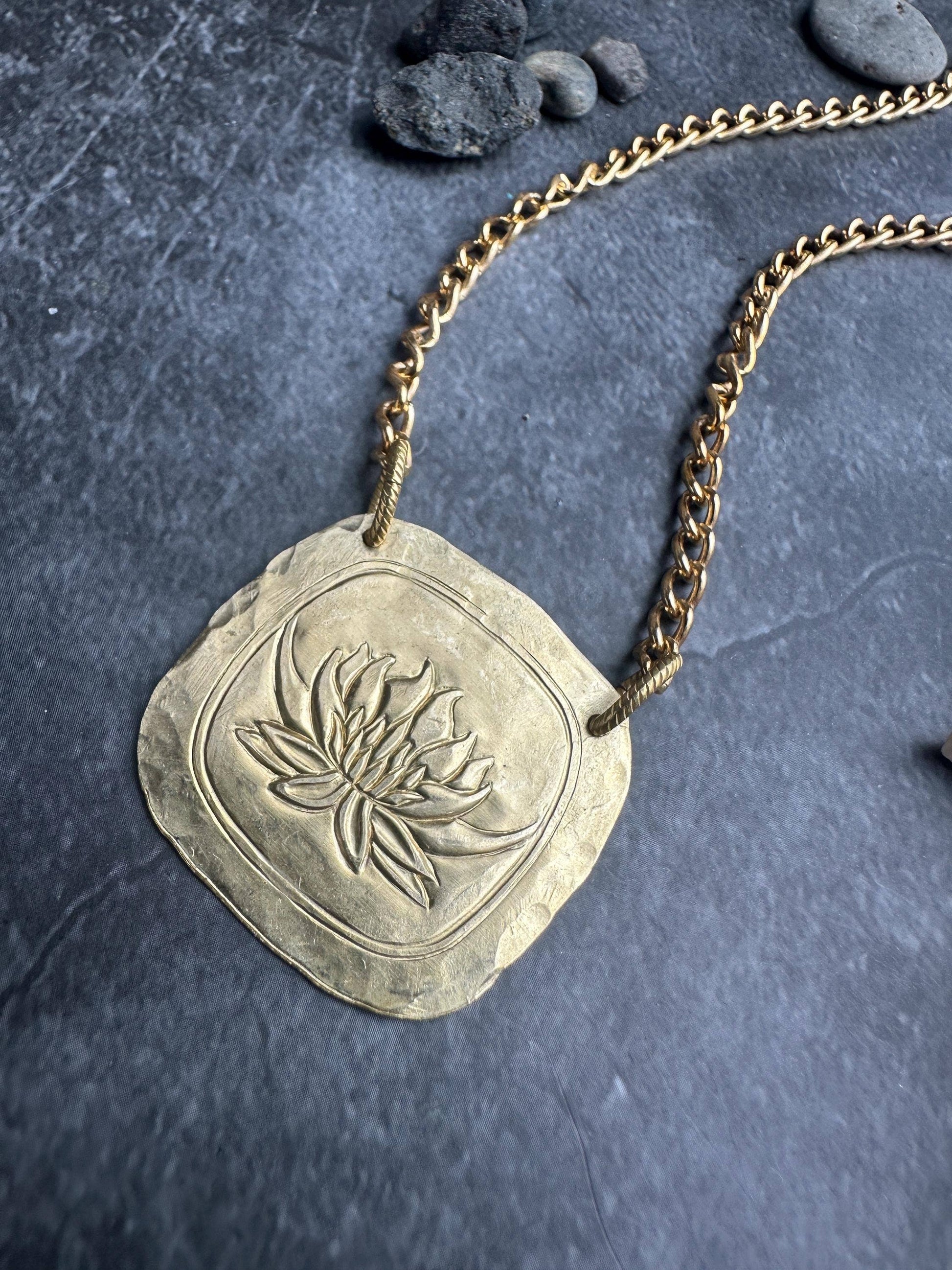 Lotus Geometric Square Pendant Necklace - Solid Brass