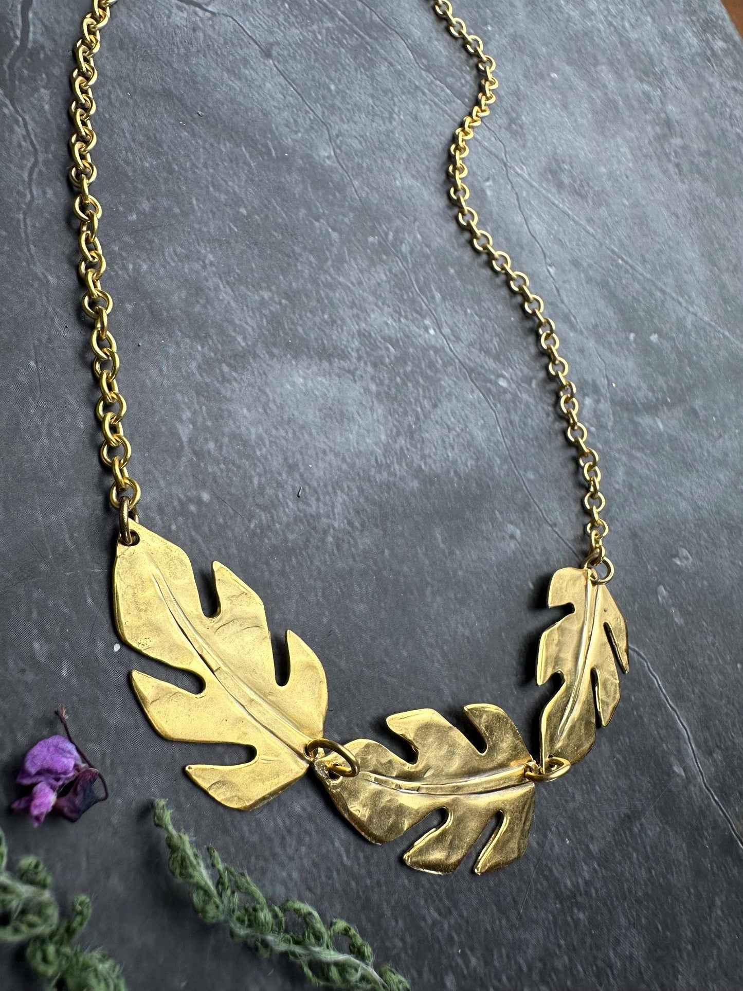 Monstera Leaf Necklace, Botanical Statement , Brass Nature C