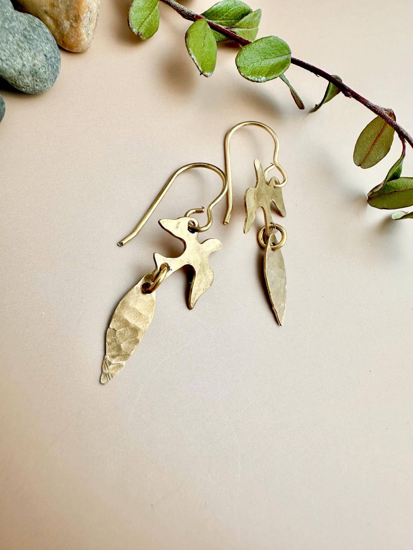 Willow Pond Bird Earrings Mini - Small Brass Leaf Dangles