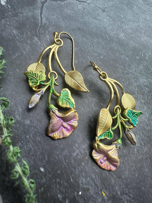 Morning Glory Earrings, Floral Dangle, Brass , Botanical Sta