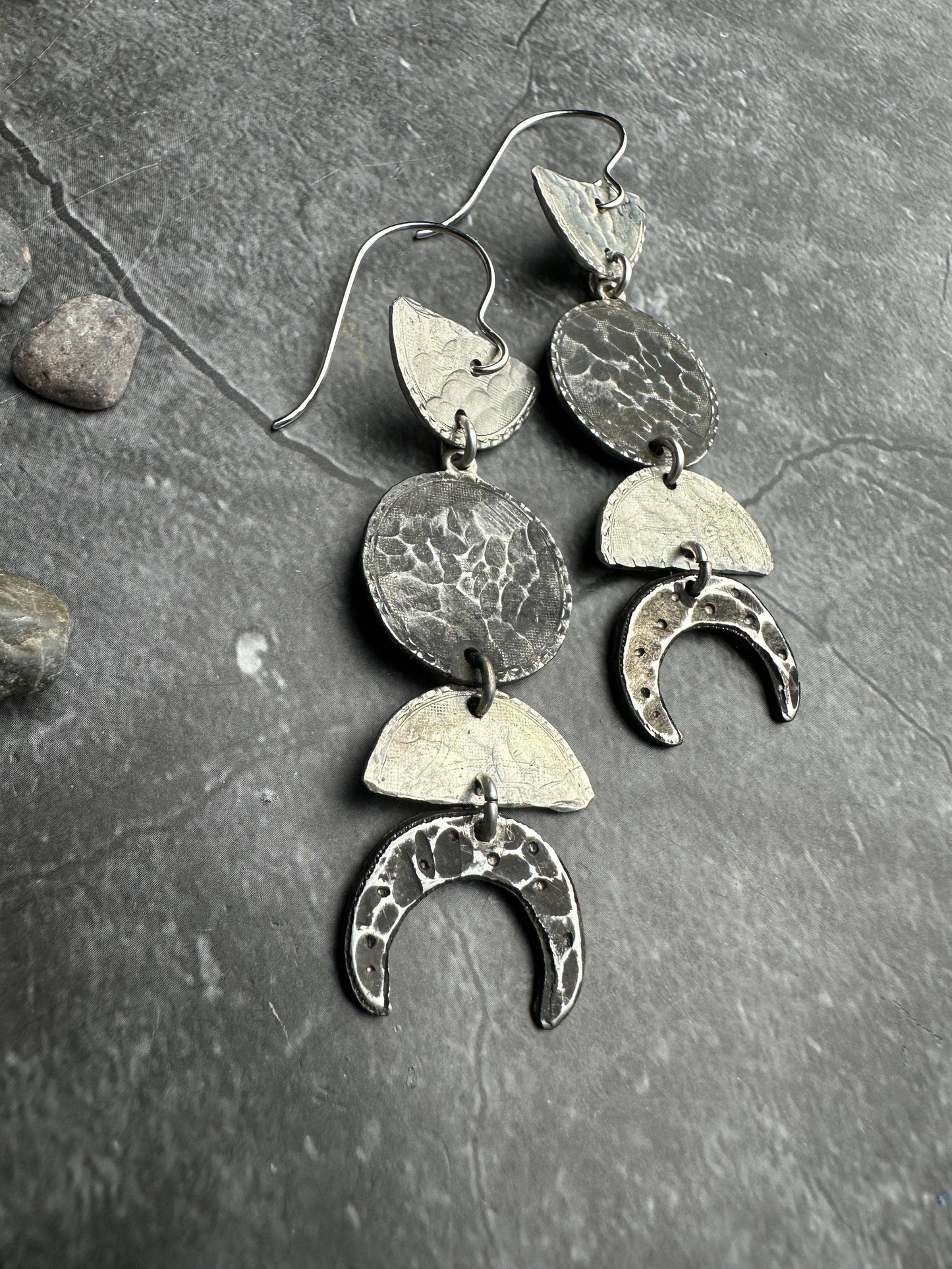 Moon Phases Earrings-  Hammered Silver & Pewter ox