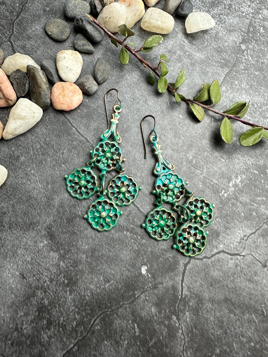 Verdigris Filigree Chandelier Earrings