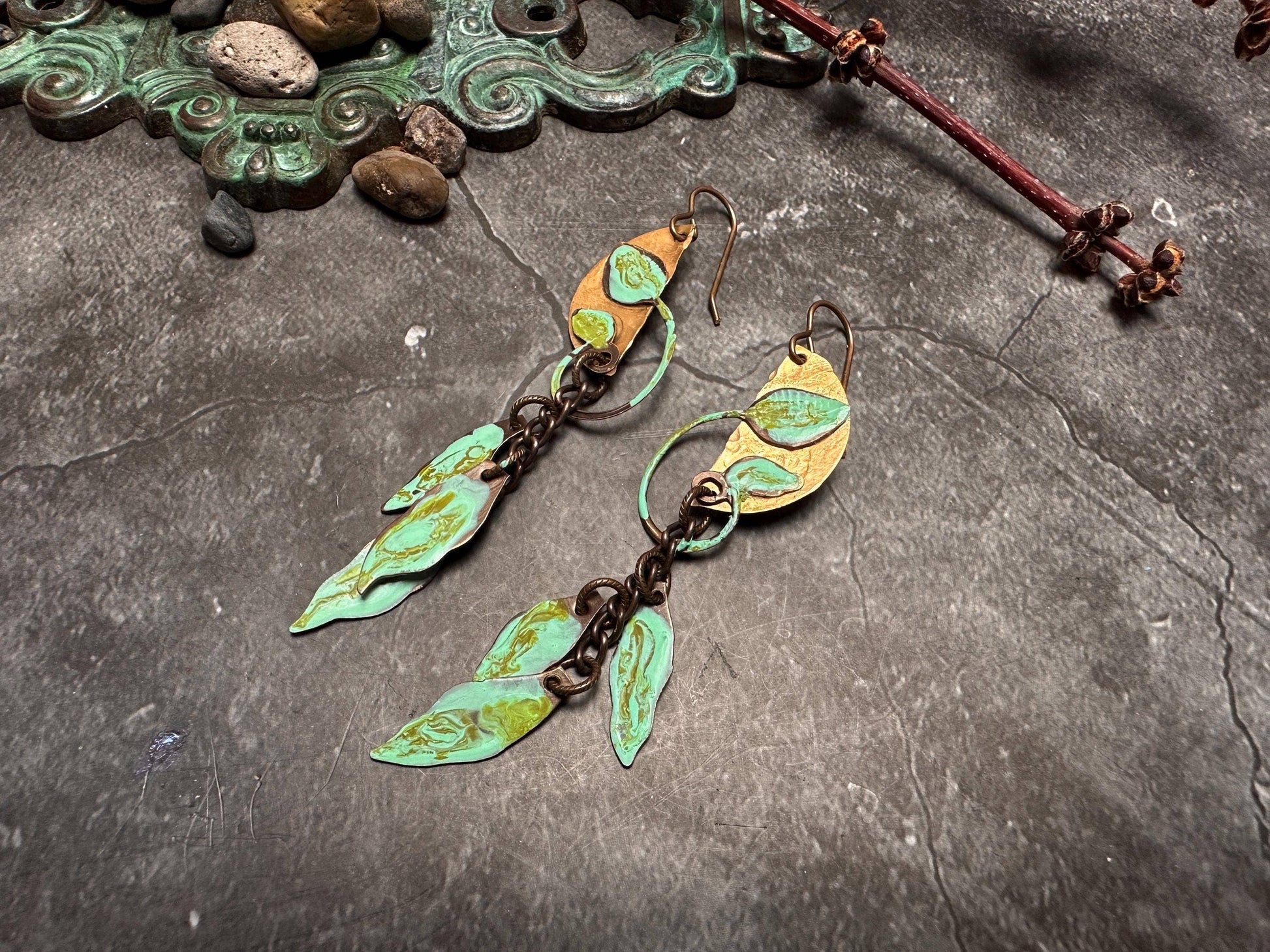 Falling Leaves - Solid Beaten Brass Hand Patina Earrings