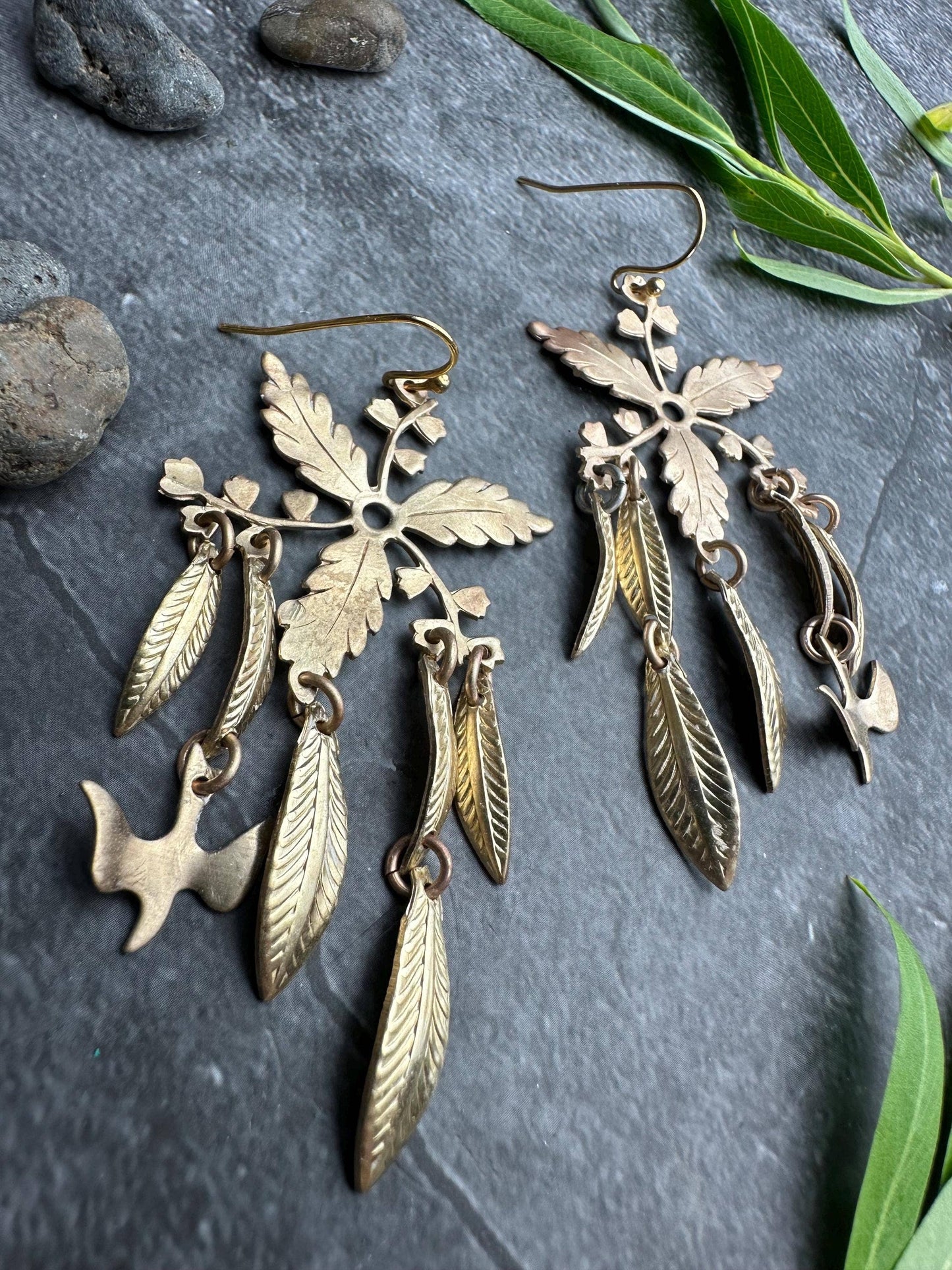 Botanical Leaf Earrings with Bird