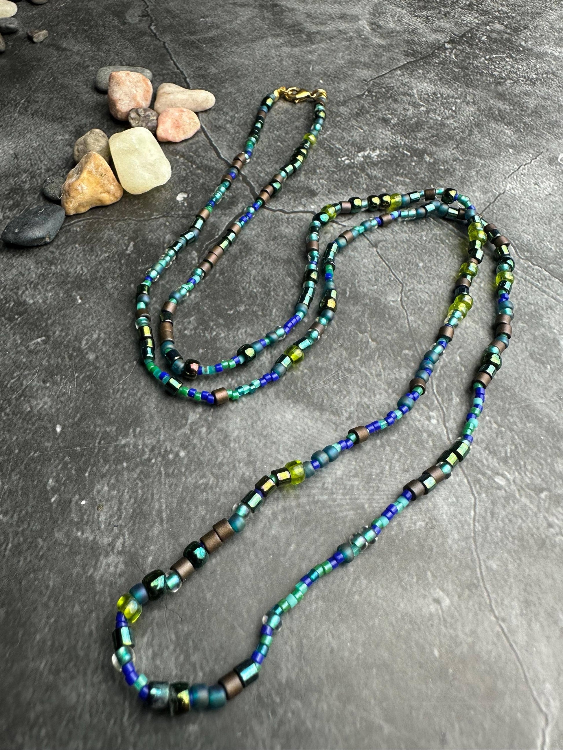 Seed Bead Necklace - Blue Green Layering Necklace