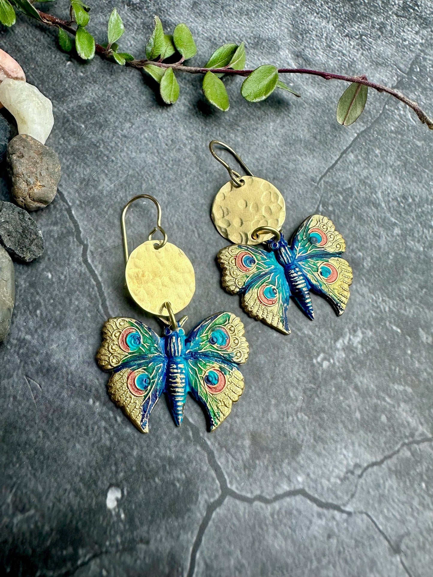 Peacock Butterfly Earrings - Hand Painted Brass Dangles