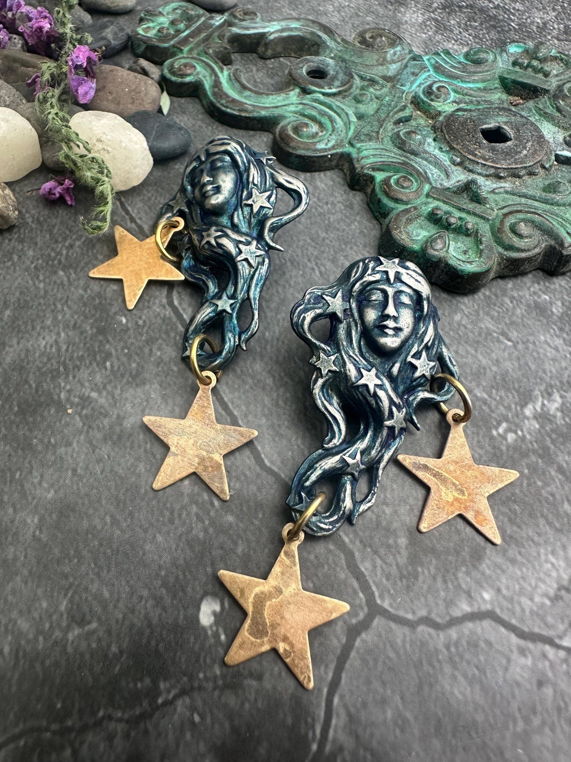 Star Maiden Earrings, Patina Face, Cosmic Goddess Statement