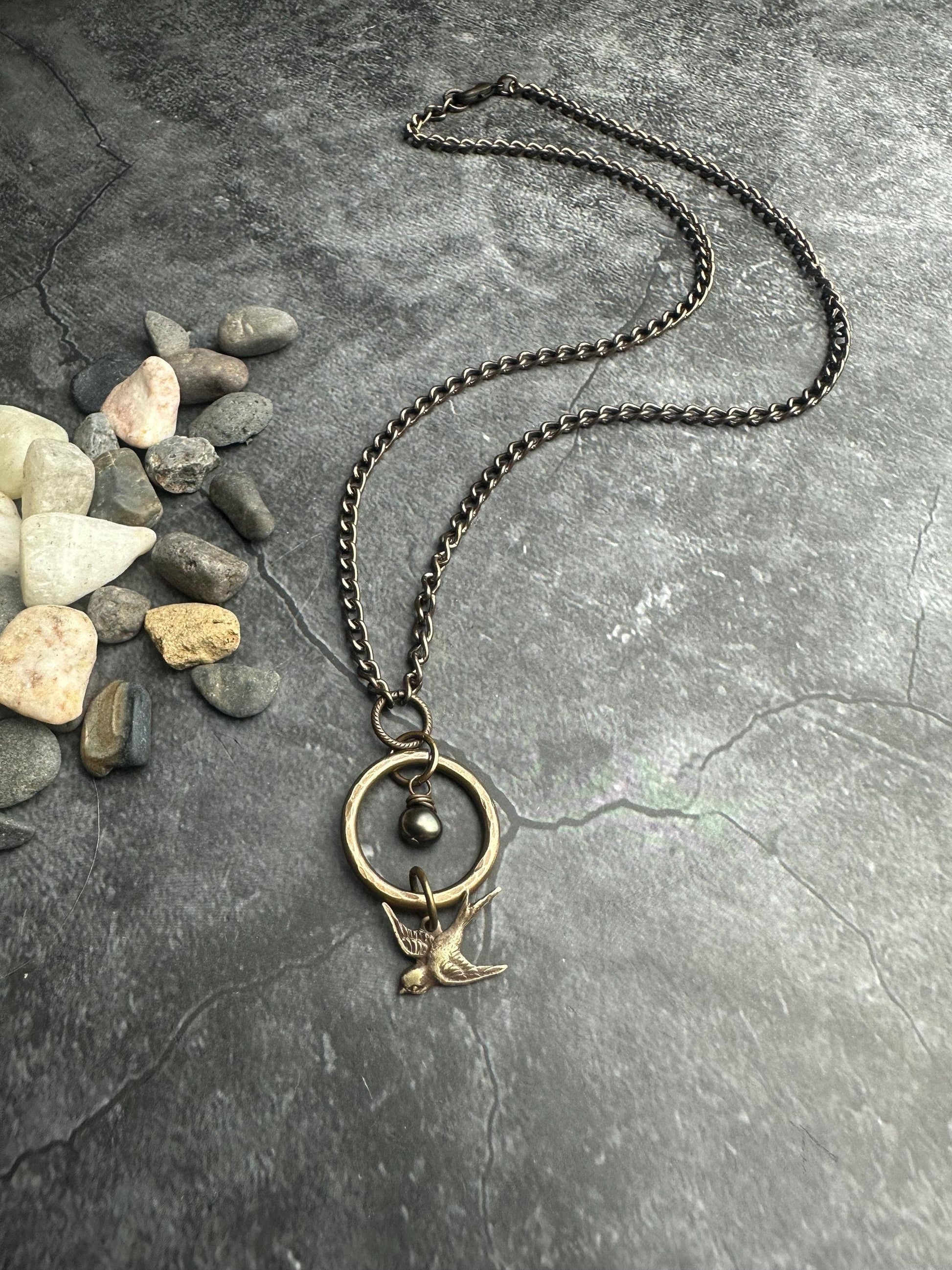 Enchanted Sparrow Pearl Necklace - Hammered Brass and Pearl