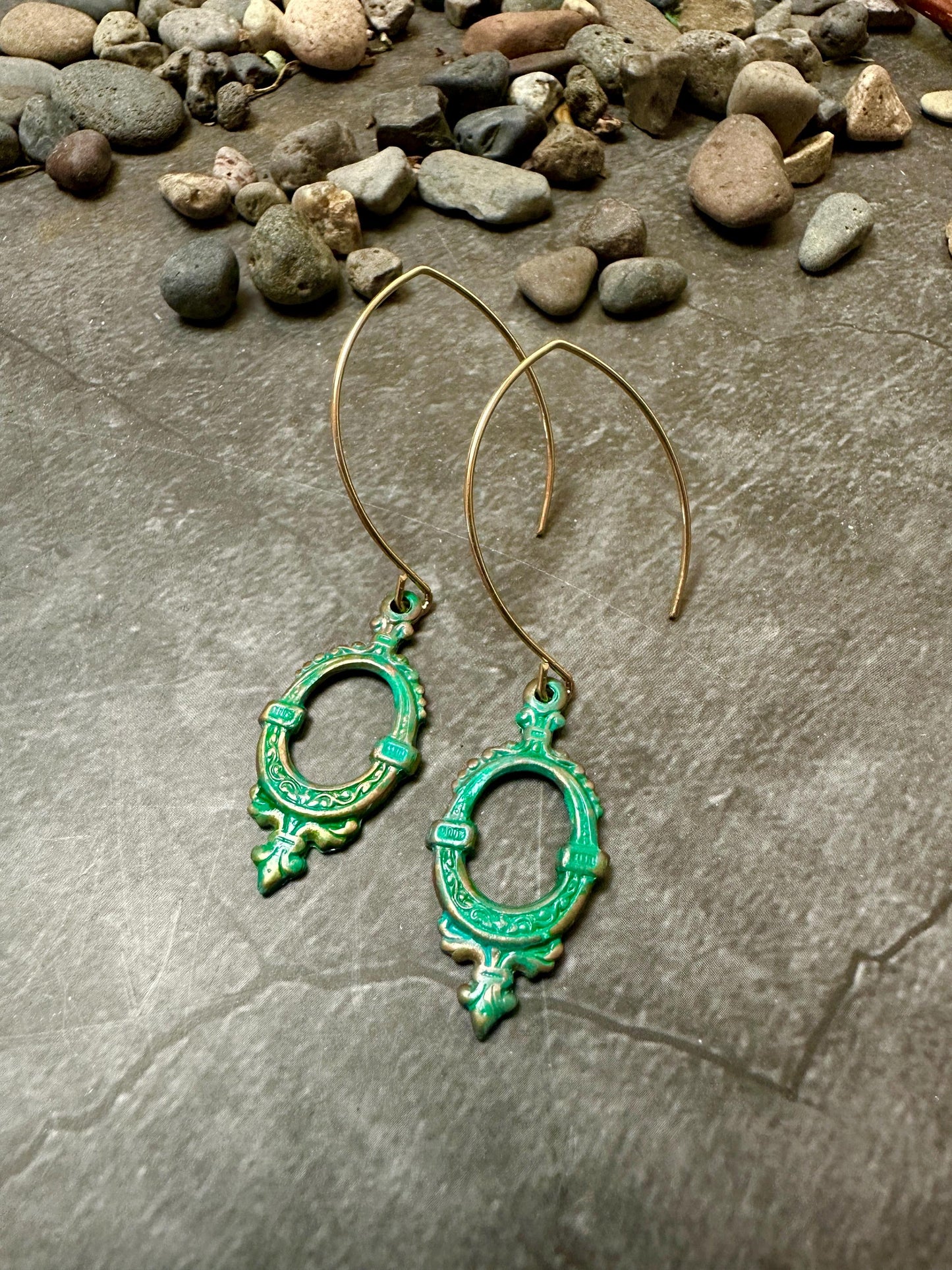 Victorian Frame Earrings Oval Garden Window - Handmade Solid Brass Green Hand Patina