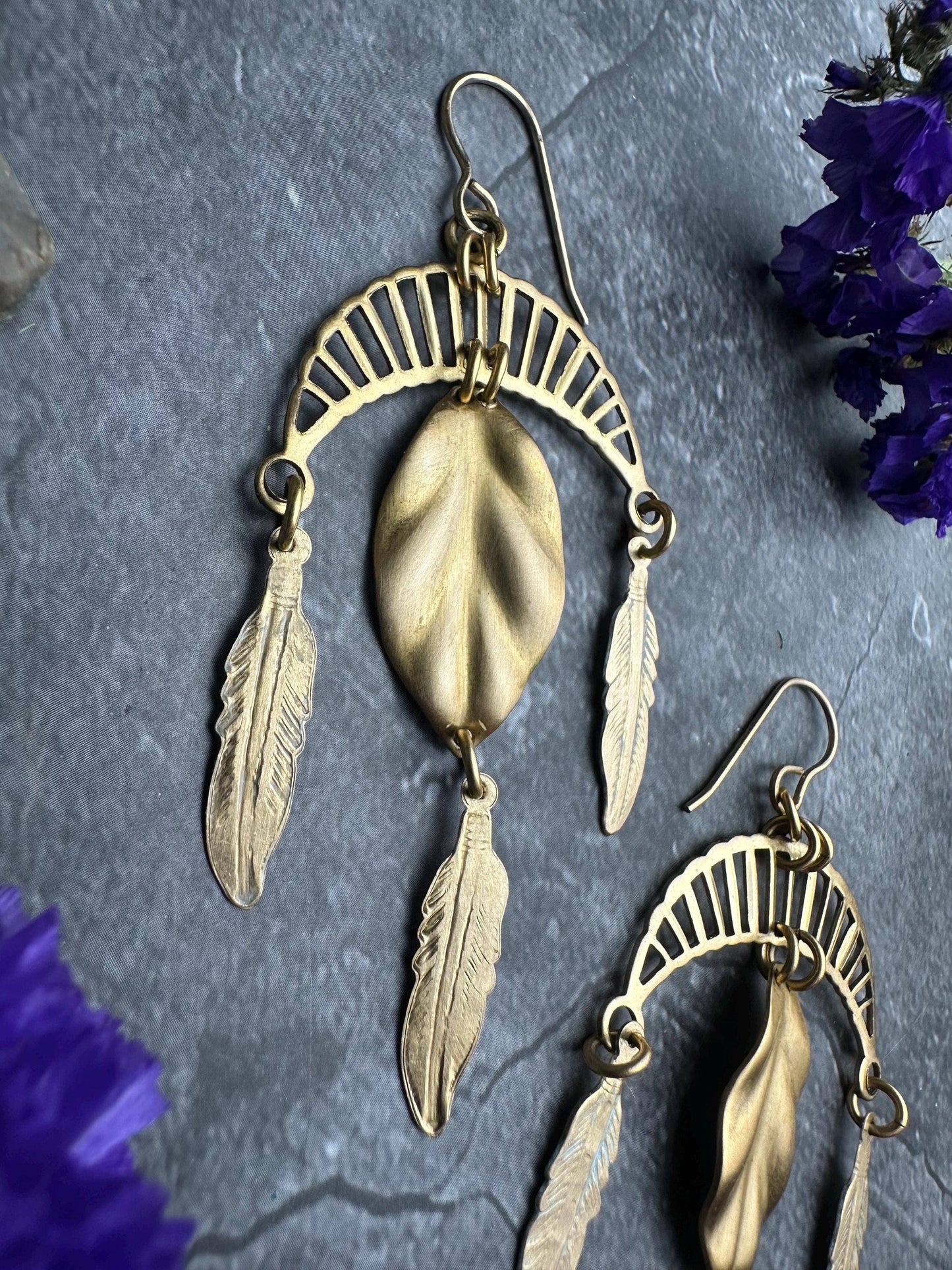 Arching Moon Feather Statement Earrings - Beaten Solid Brass