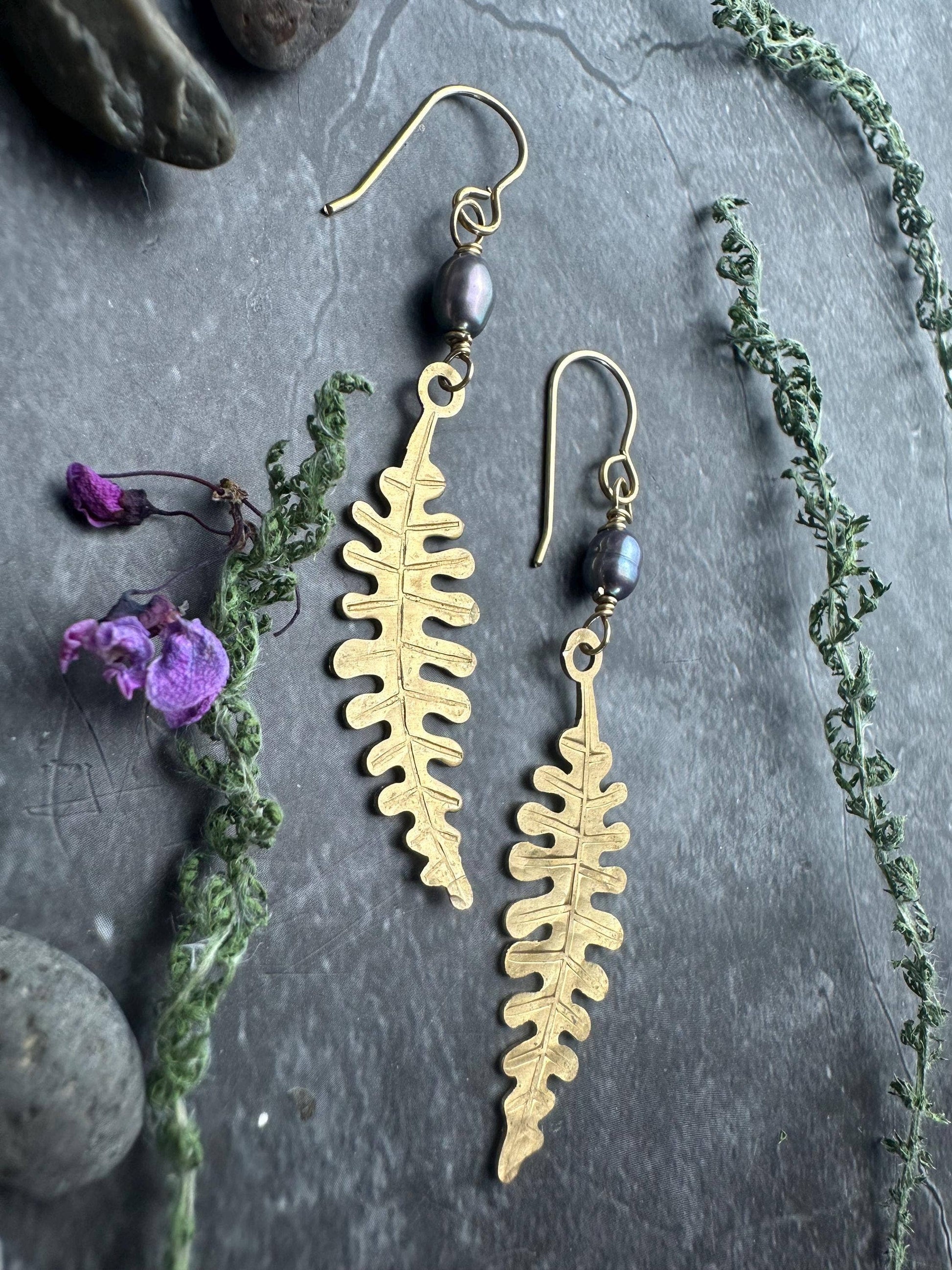 Fern Leaf Dangle Earrings, Hammered Brass, Pearl Botanical