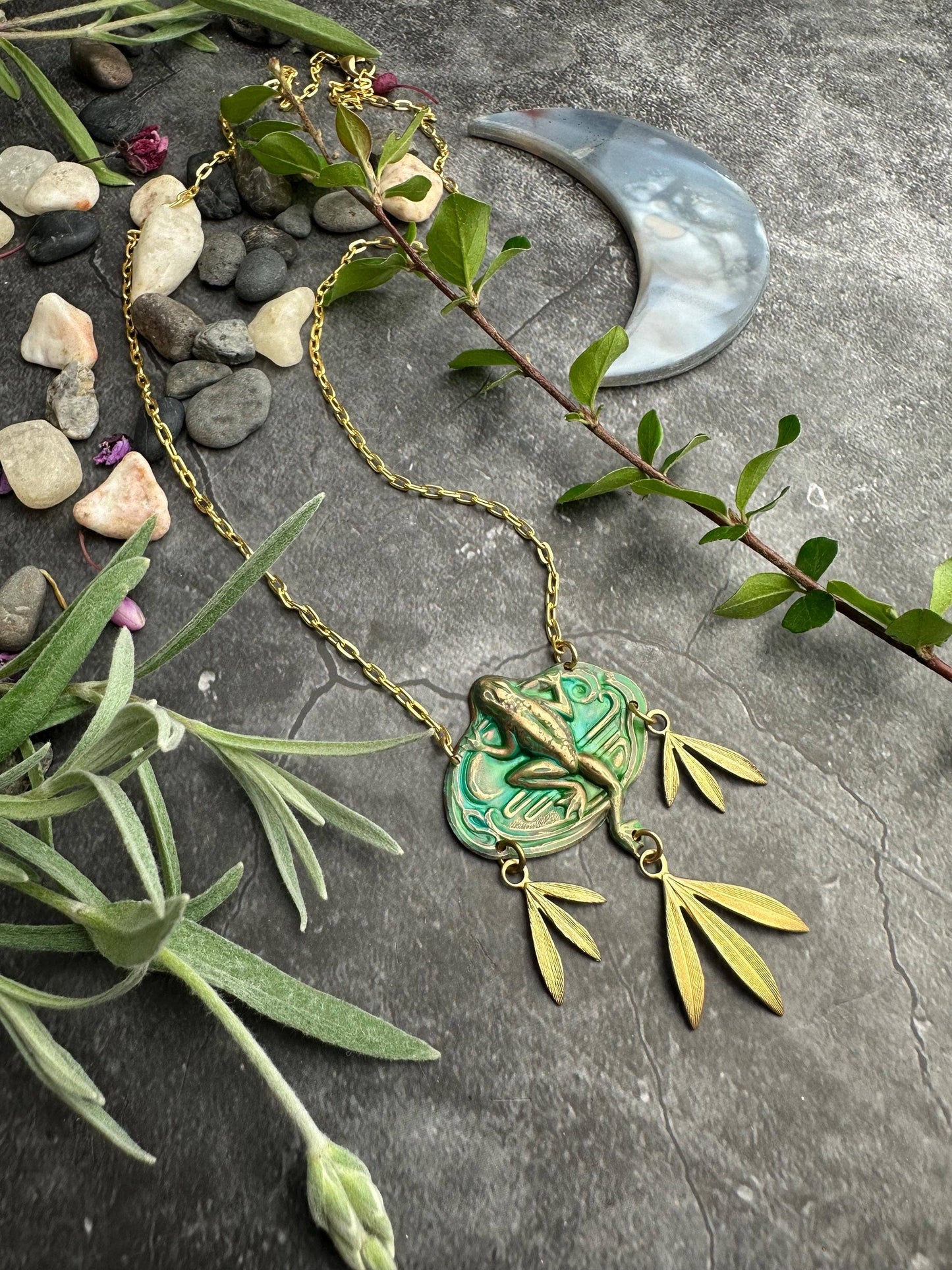 Frog Necklace, Verdigris Brass Pendant, Nature Botanical Sta