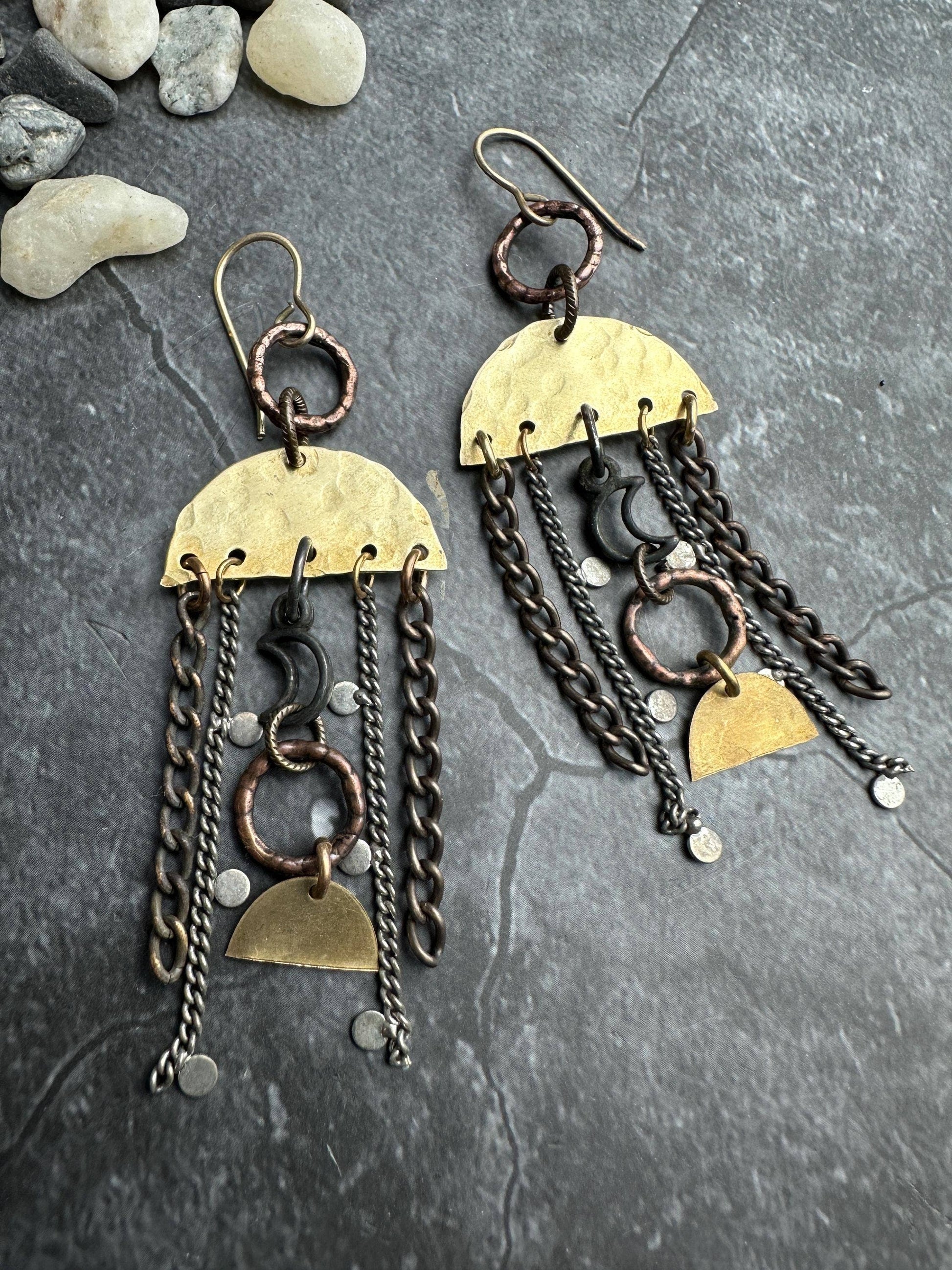 Lunar Landing Earrings- Handmade Hammered Brass & Silver ox