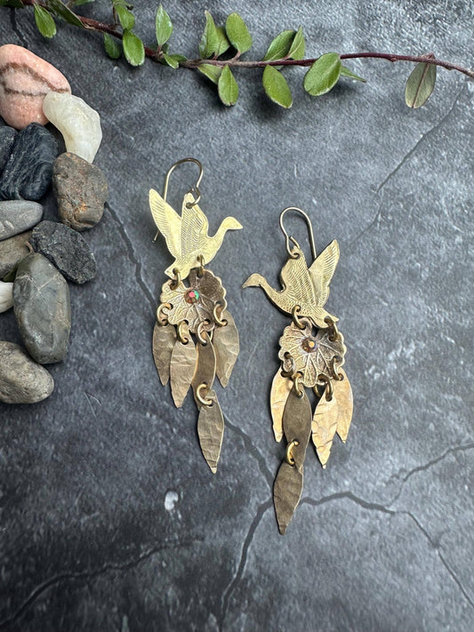 Willow Pond Bird Earrings - Leaf Dangle Brass