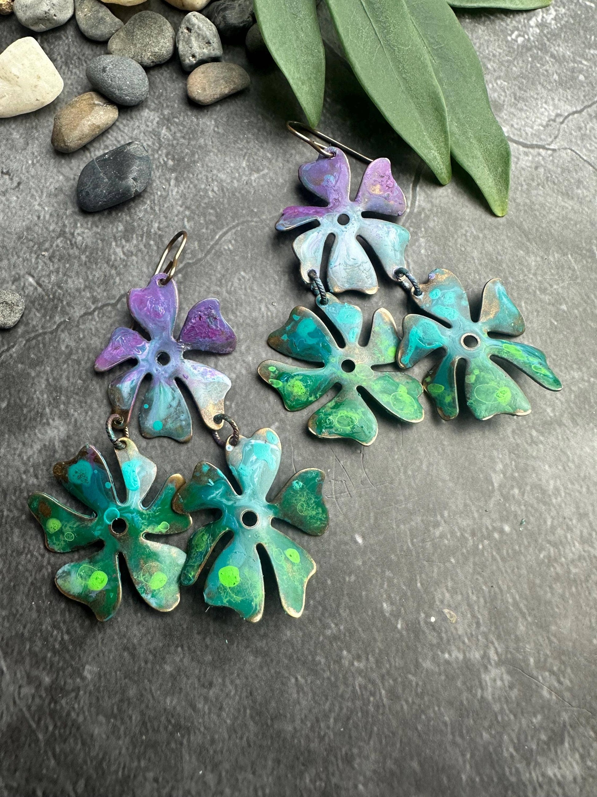 Earrings- Handmade Solid Brass Greens & Purples Boho Jewelry