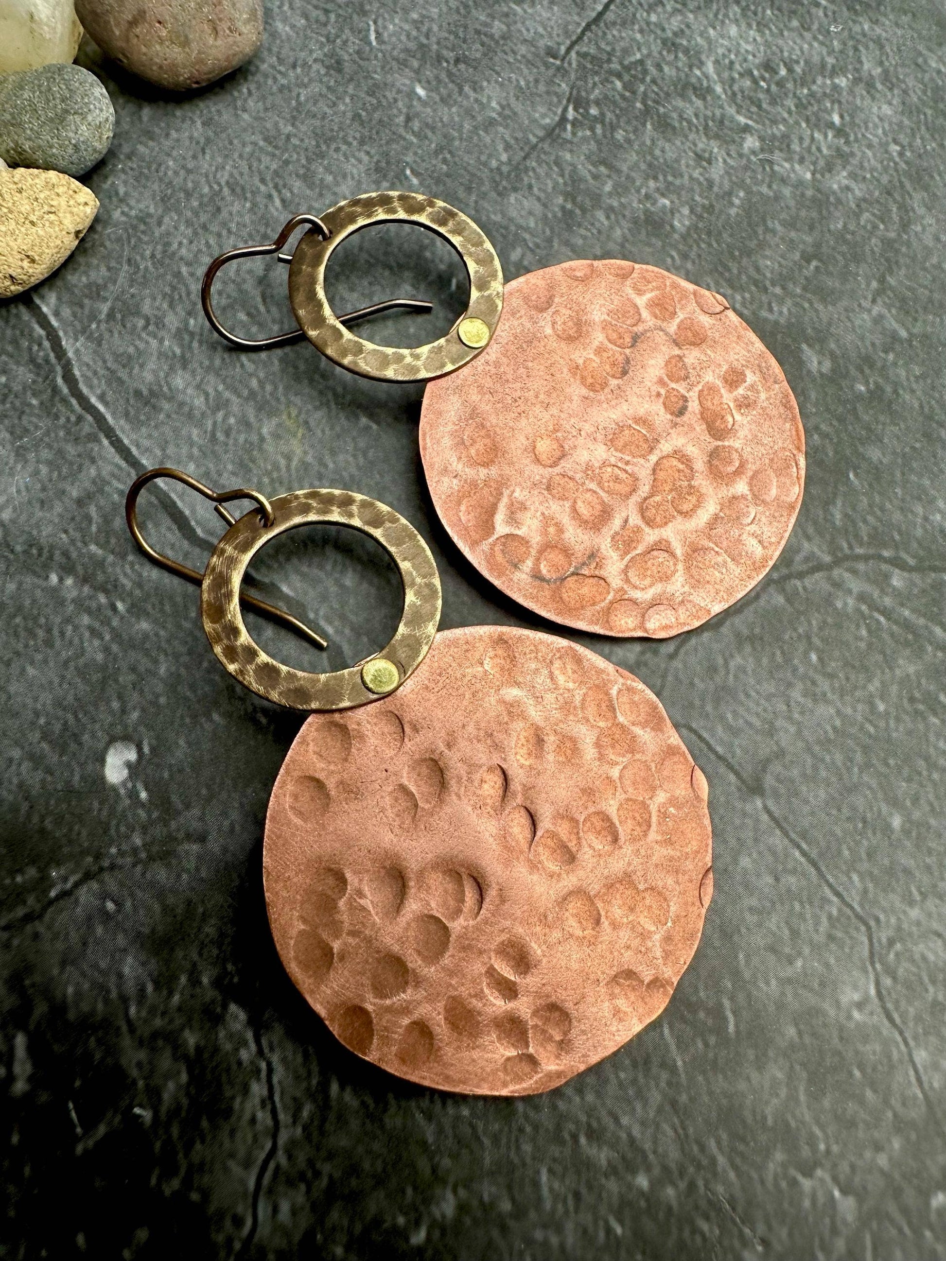 Dual Disc Earrings - Inspired Hammered Copper & Brass