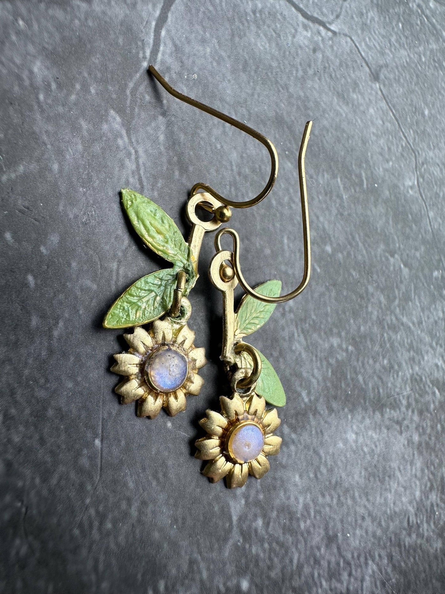 Sunflower Dangle Earrings, Botanical Floral , Brass Drop, Na