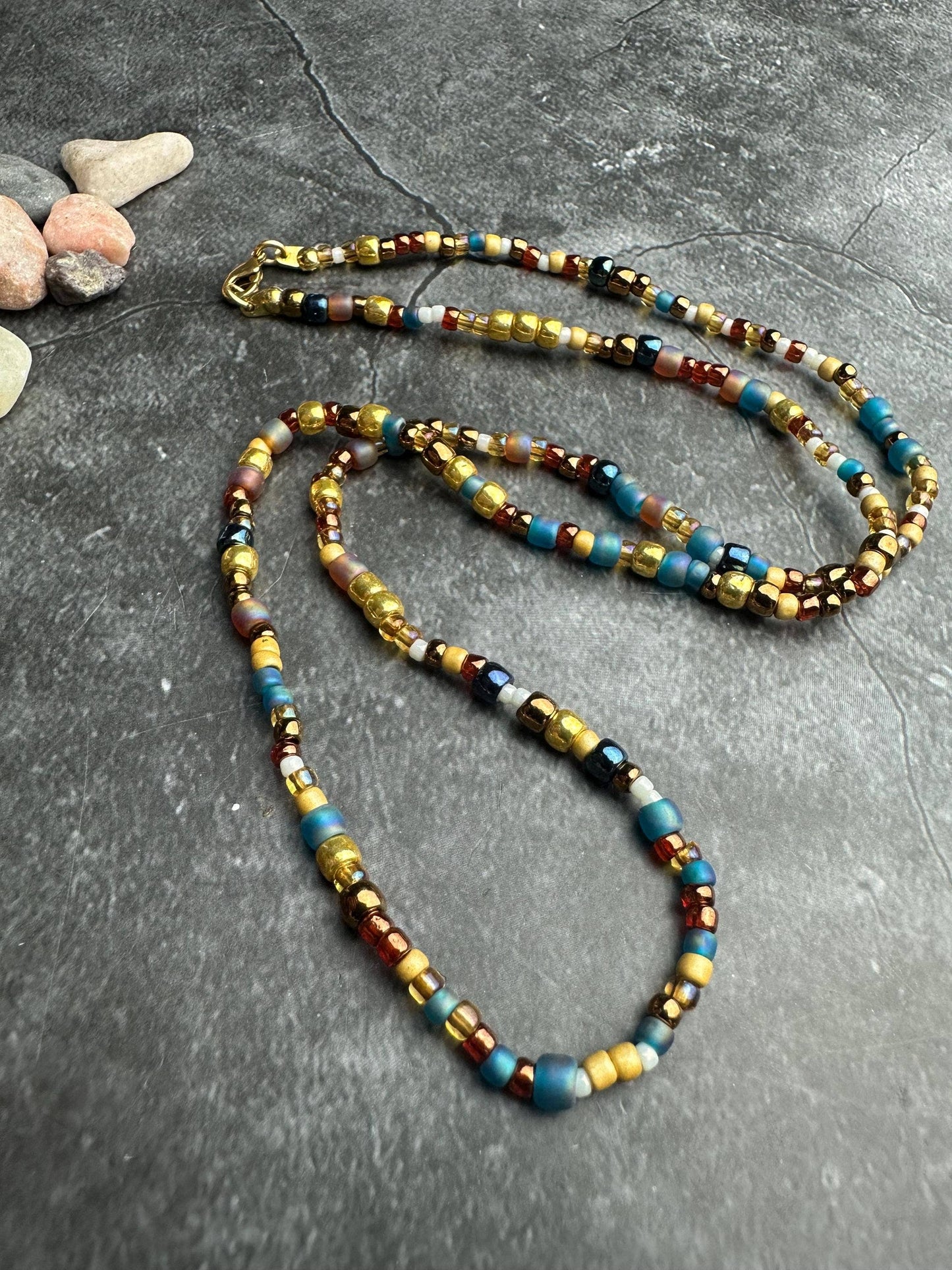 Seed Bead Necklace - Gold Blue Layering Necklace