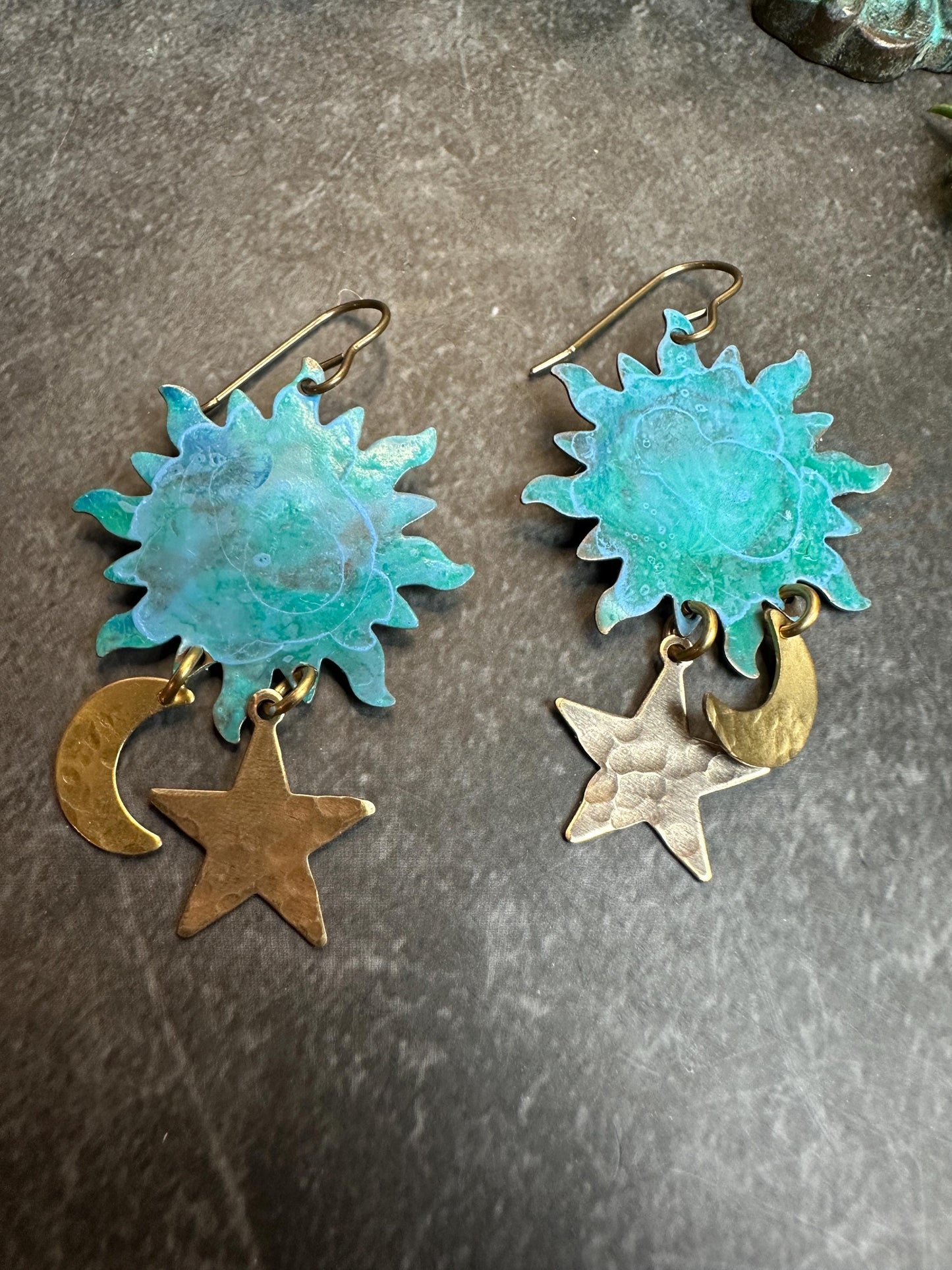 Celestial Sun Moon & Stars Earrings - Handmade Solid Beaten Brass Hand Patina