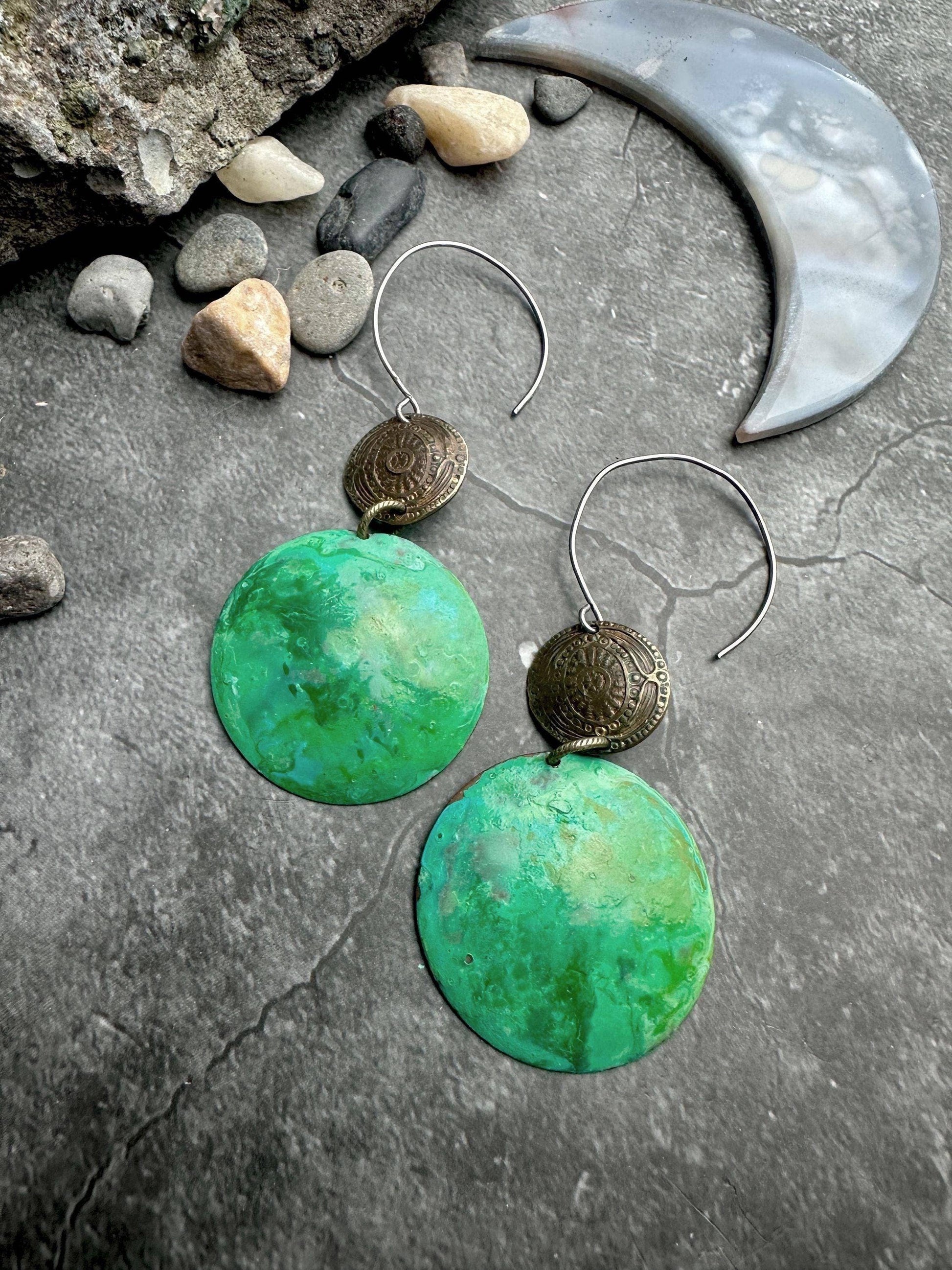 Handcrafted Hammered Green Enamel Dapped Circle Earrings