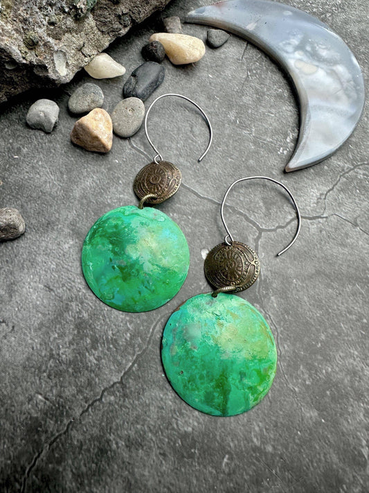 Handcrafted Hammered Green Enamel Dapped Circle Earrings