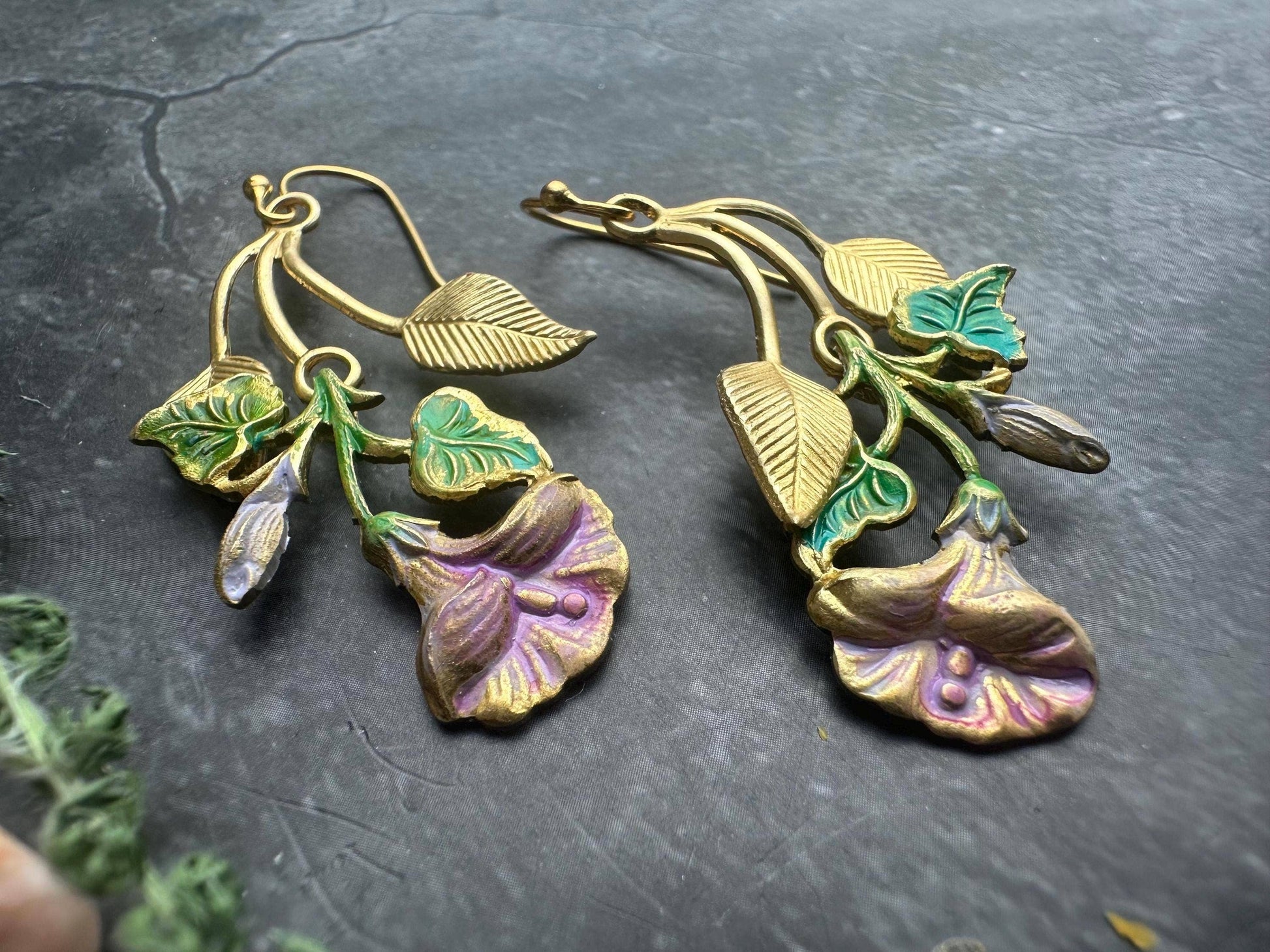 Morning Glory Earrings, Floral Dangle, Brass , Botanical Sta