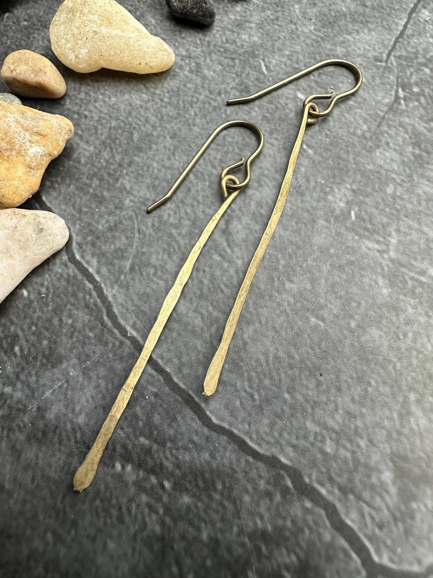 Bar Earrings - Distressed, Bohemian Style, Hammered Brass
