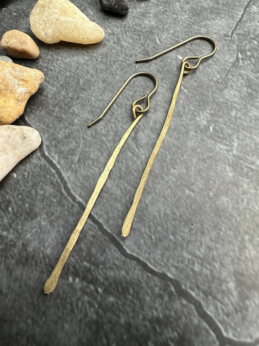 Bar Earrings - Distressed, Bohemian Style, Hammered Brass