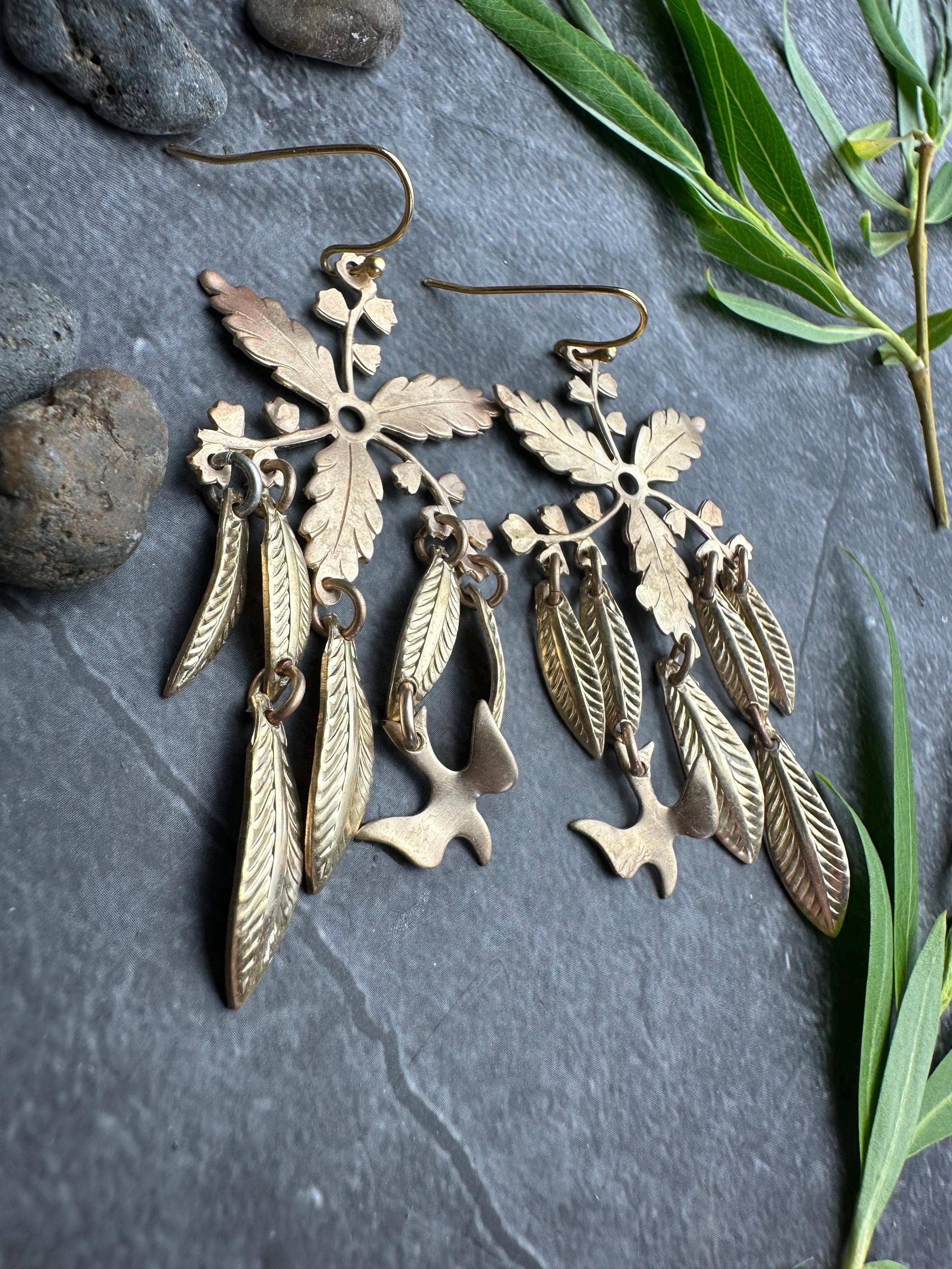 Botanical Leaf Earrings with Bird