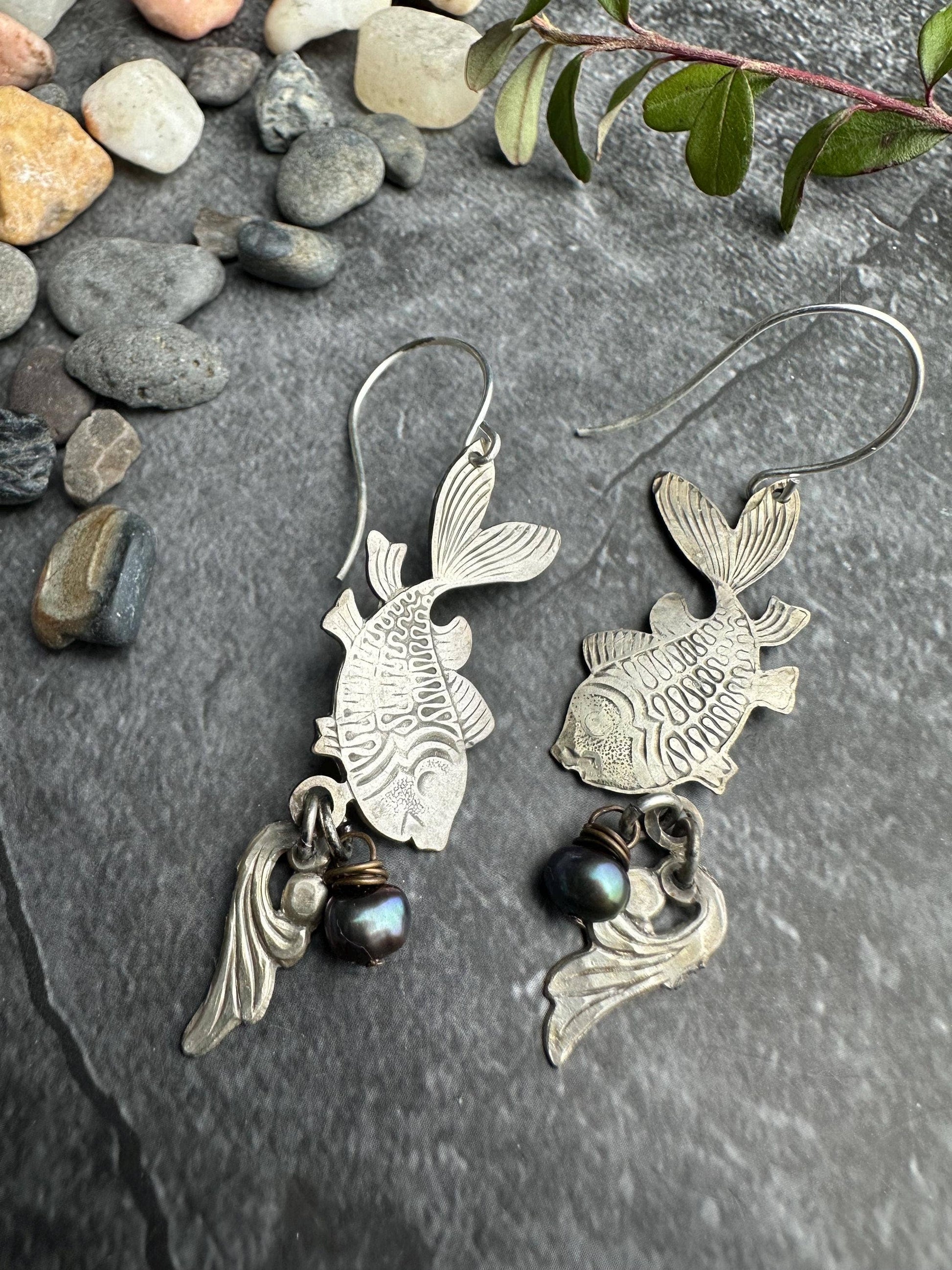 Silver Fish Earrings with Freshwater Pearl