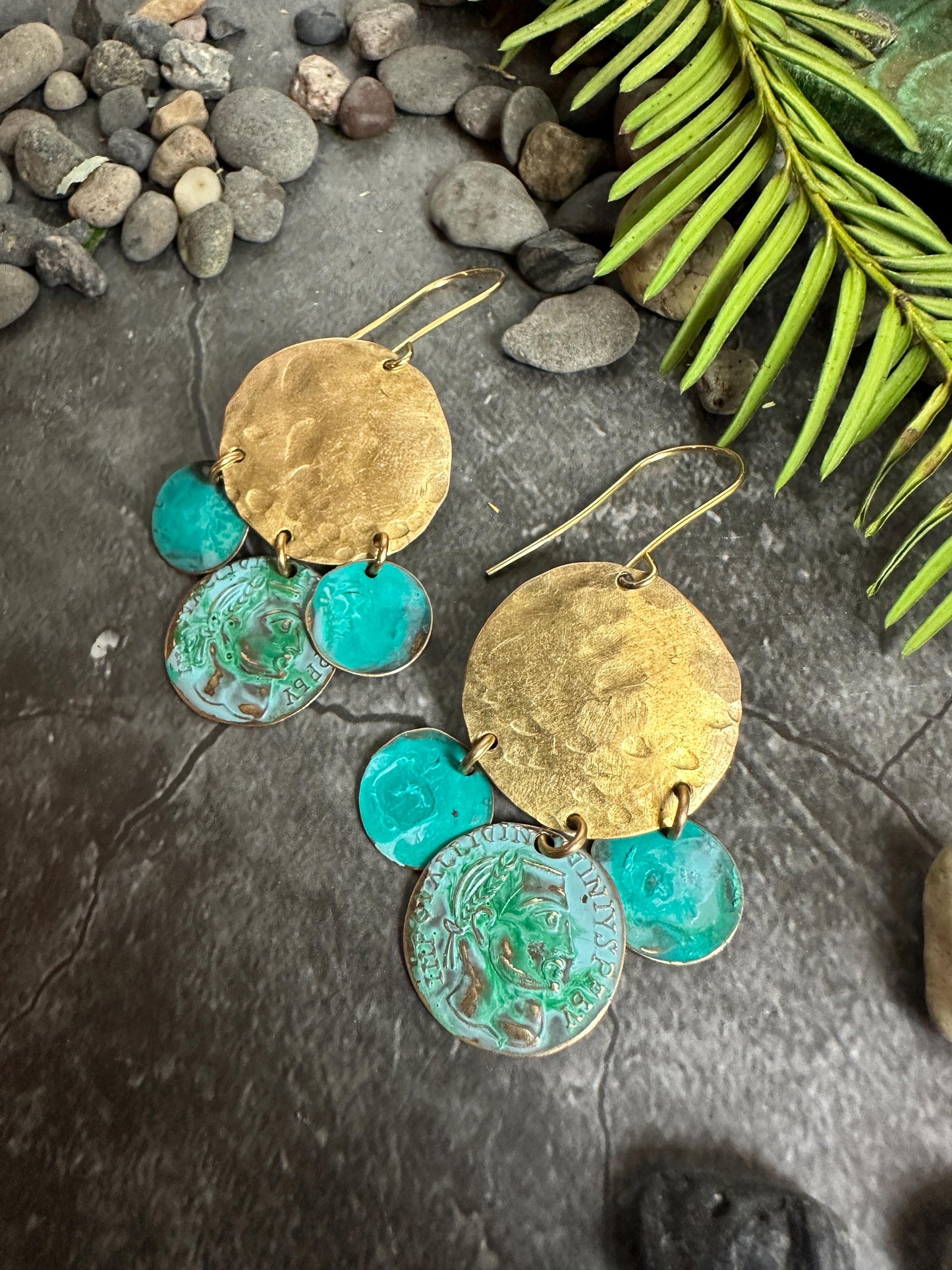 Hammered Coin Earrings- Handmade Solid Beaten Brass Green Blue Patina