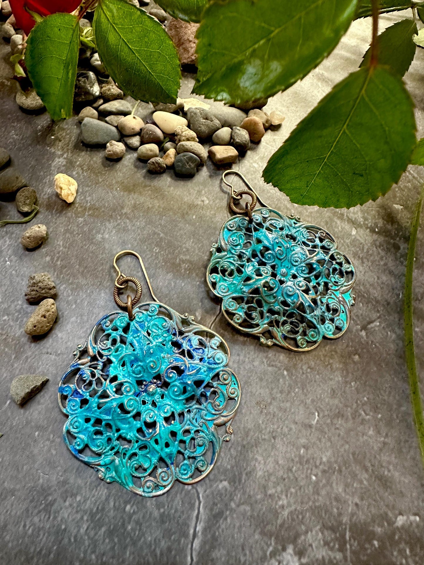 Garden Filigree Earrings- Handmade Solid Brass Hand Patina