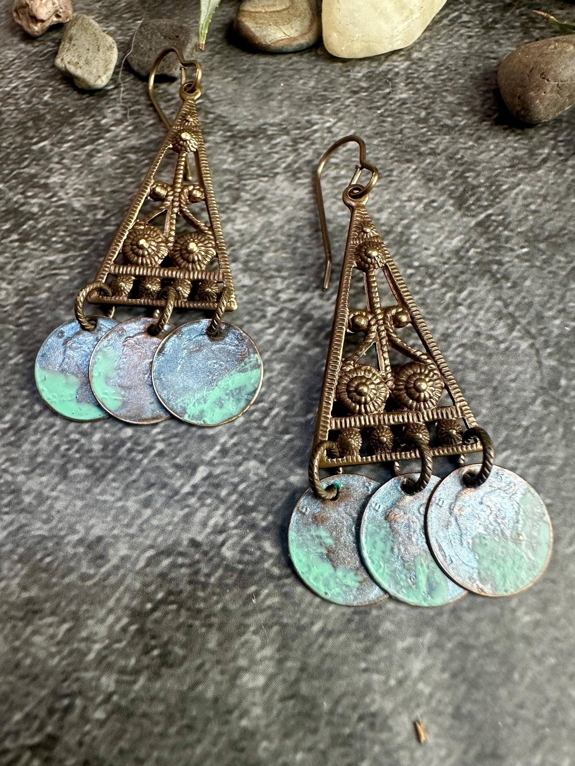 Sacred Triangle Coin Earrings - Patina Brass