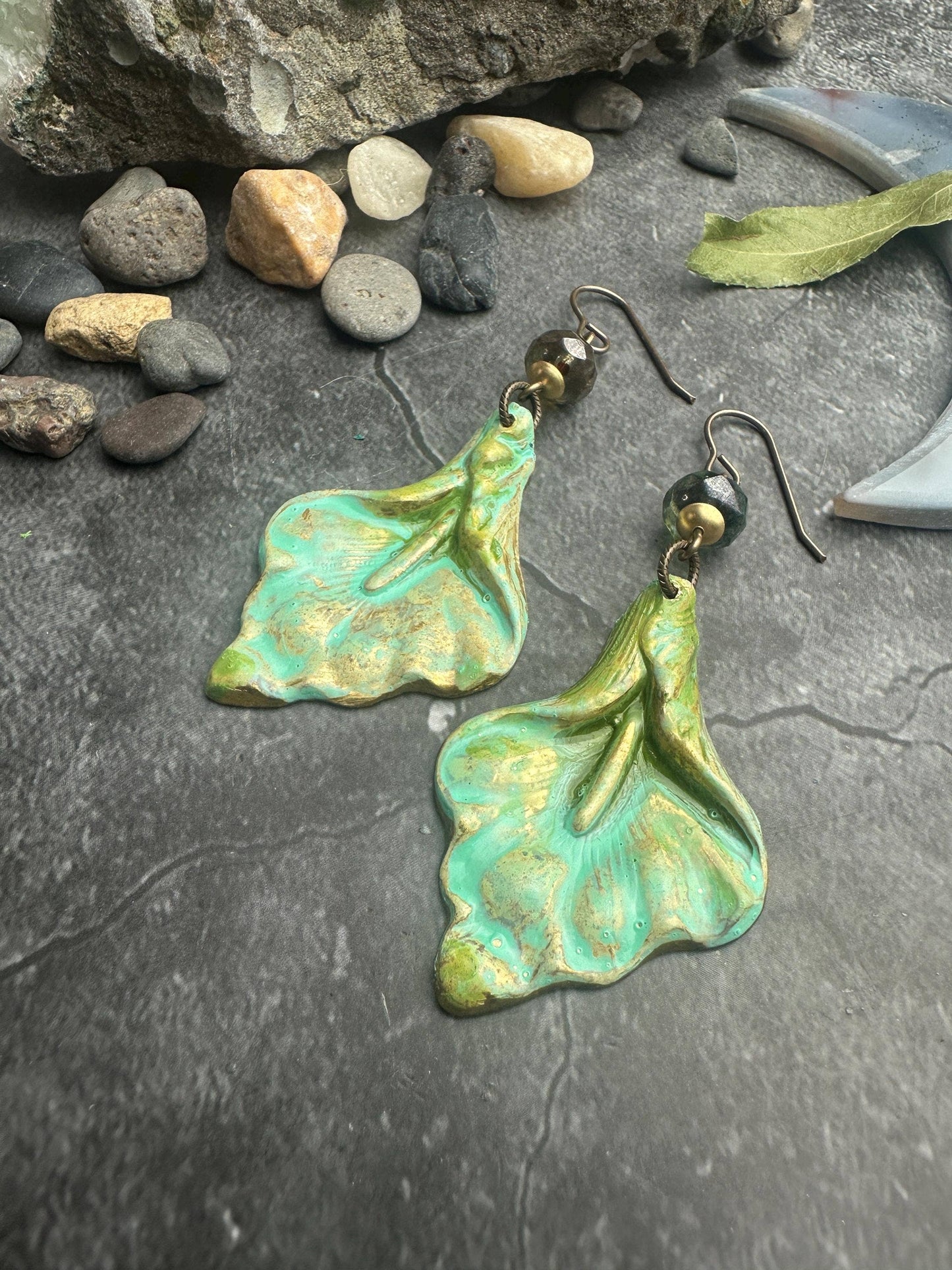 Gilded Lily Earrings- Handmade Solid Brass Green Patina