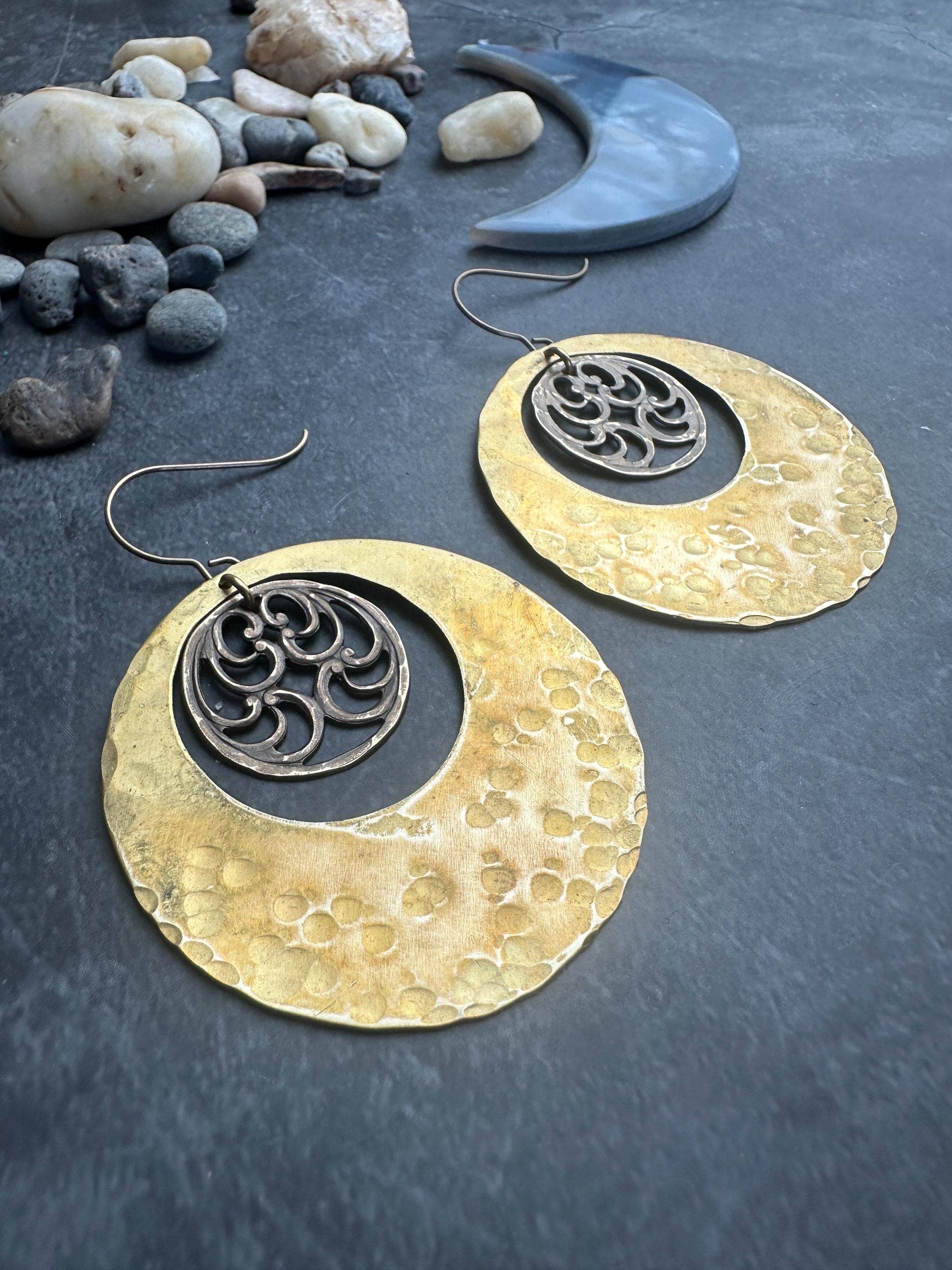 Large Geometric Hoop Earrings - Hand Hammered Solid Brass