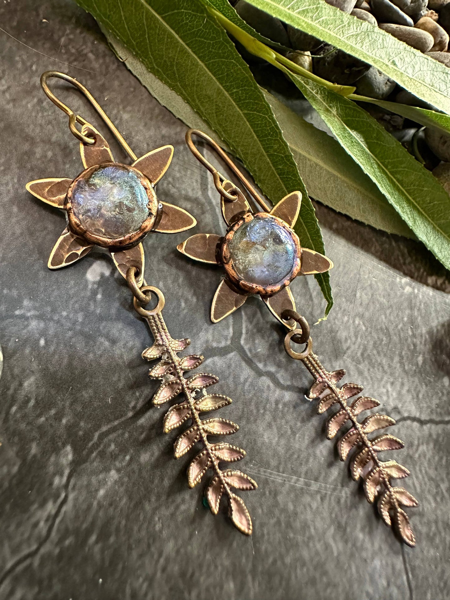 Dewdrop Fern Forest Earrings- Handmade Iridescent Patina